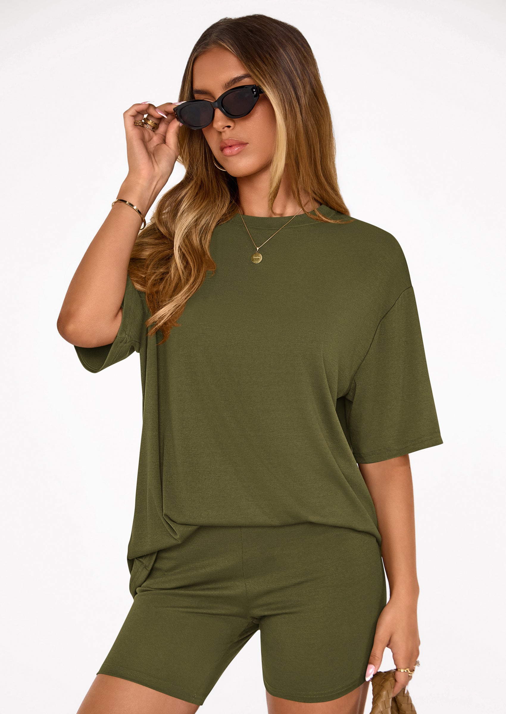 Women's Two Piece Matching Lounge Sets Summer Casual Tops Short Sleeve Shirts Shorts Travel Airport Outfits