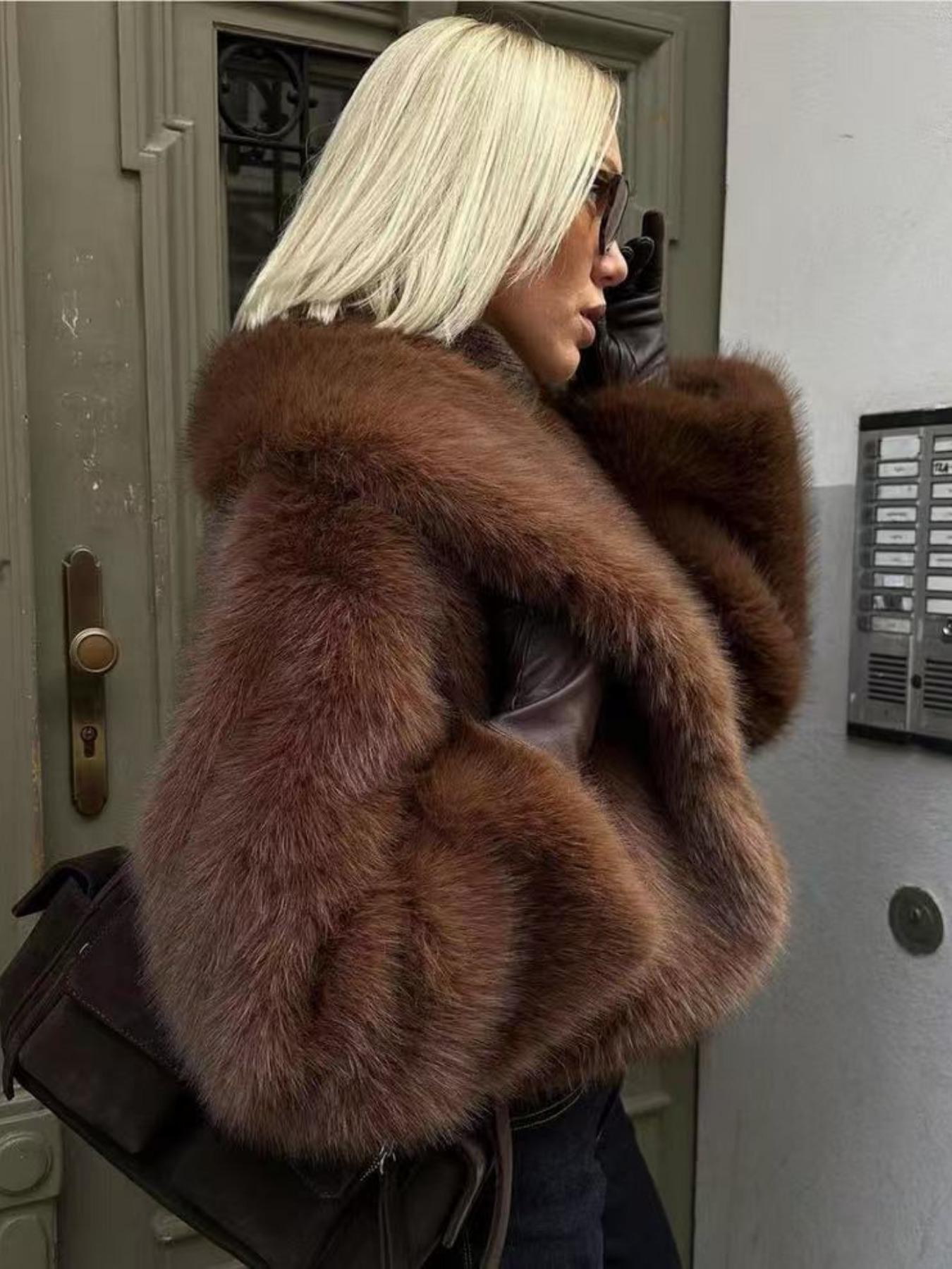 Women's Faux Fur Short Cropped Coat, Woven, Thick Warm Oversize Loose Fit Baggy Winter Jacket, Outerwear, Luxurious Look, New Fashion Trendy Design, Perfect for Cold Weather
