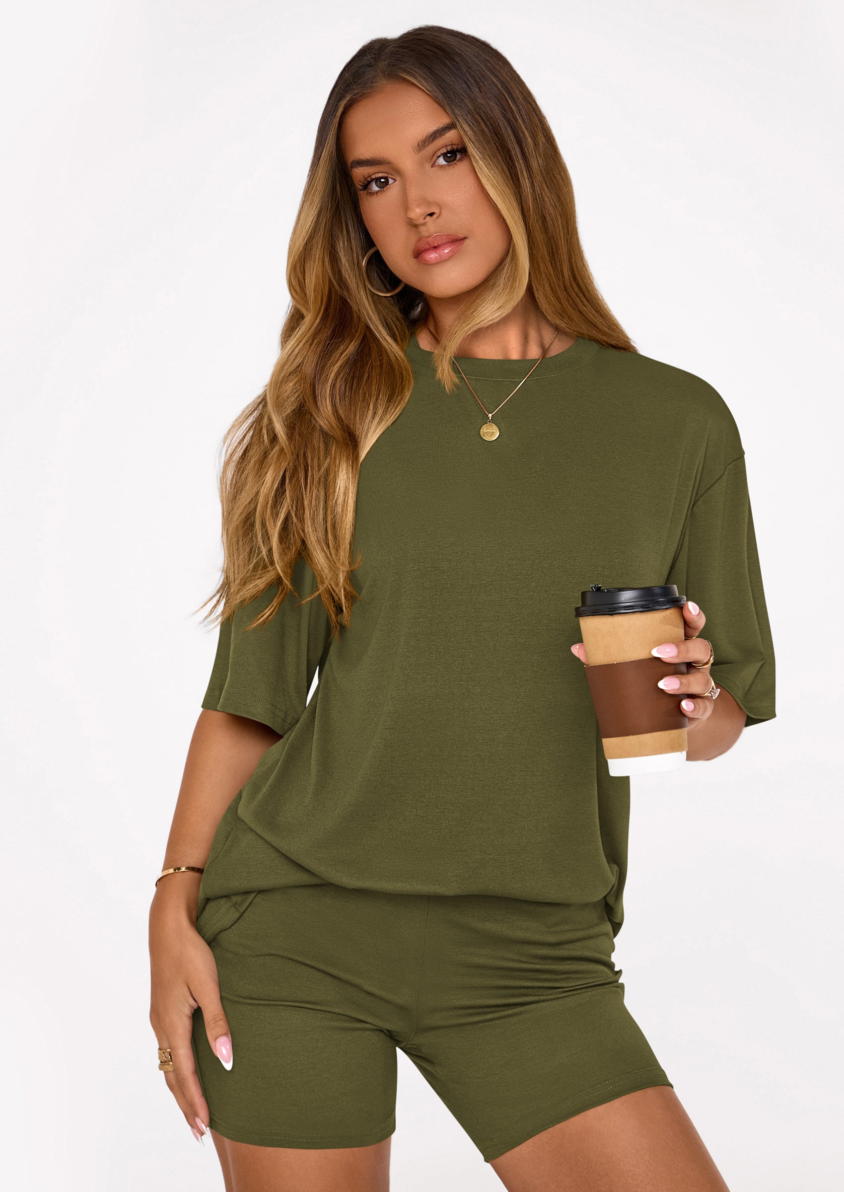 Women's Two Piece Matching Lounge Sets Summer Casual Tops Short Sleeve Shirts Shorts Travel Airport Outfits