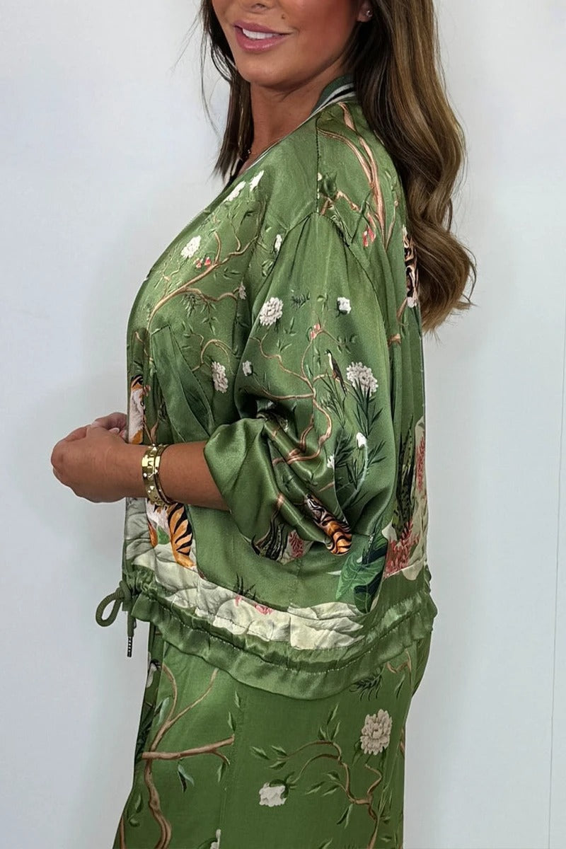 Women's Round Neck Satin Printed Casual Suit