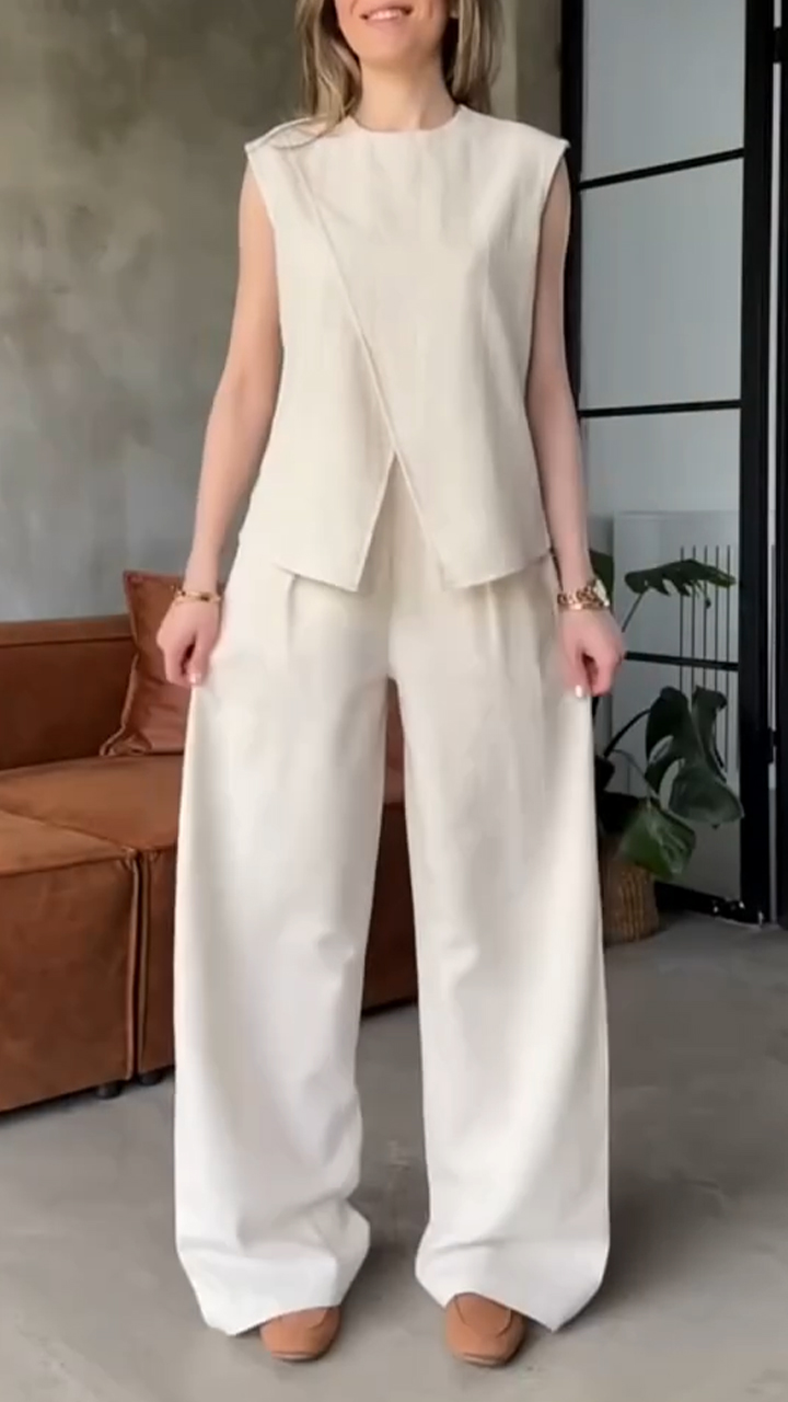 Women's Round Neck Slit Cotton and Linen Casual Suit