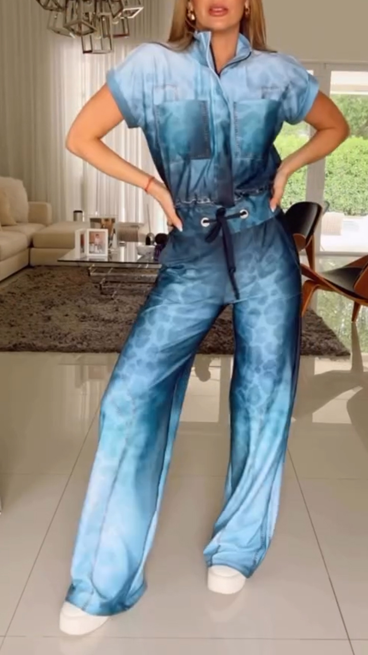 Women's Zipper Printed Lace-up Casual Jumpsuit