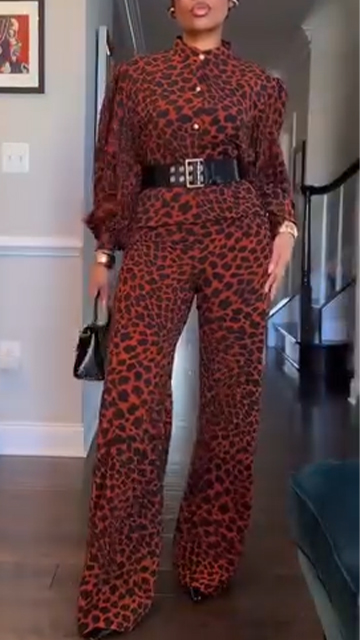 Ladies' Round Neck Leopard Print Casual Temperament Set
