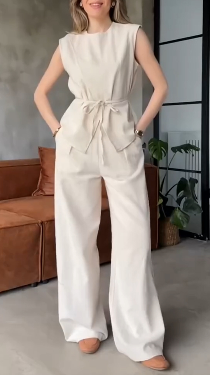 Women's Round Neck Slit Cotton and Linen Casual Suit