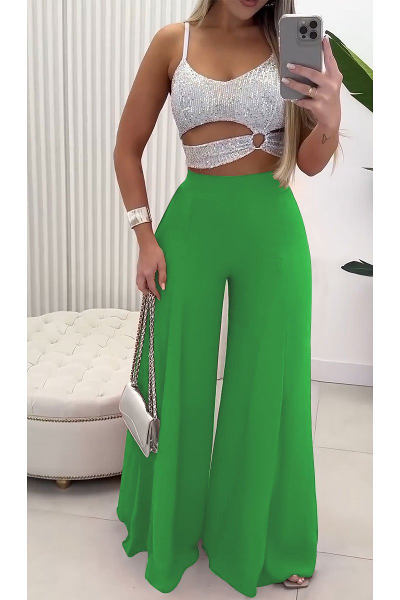 Women's Sexy Sequined Hollow Irregular Tank Top & Casual Wide Leg Pants