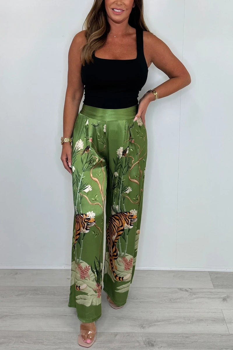 Women's Round Neck Satin Printed Casual Suit