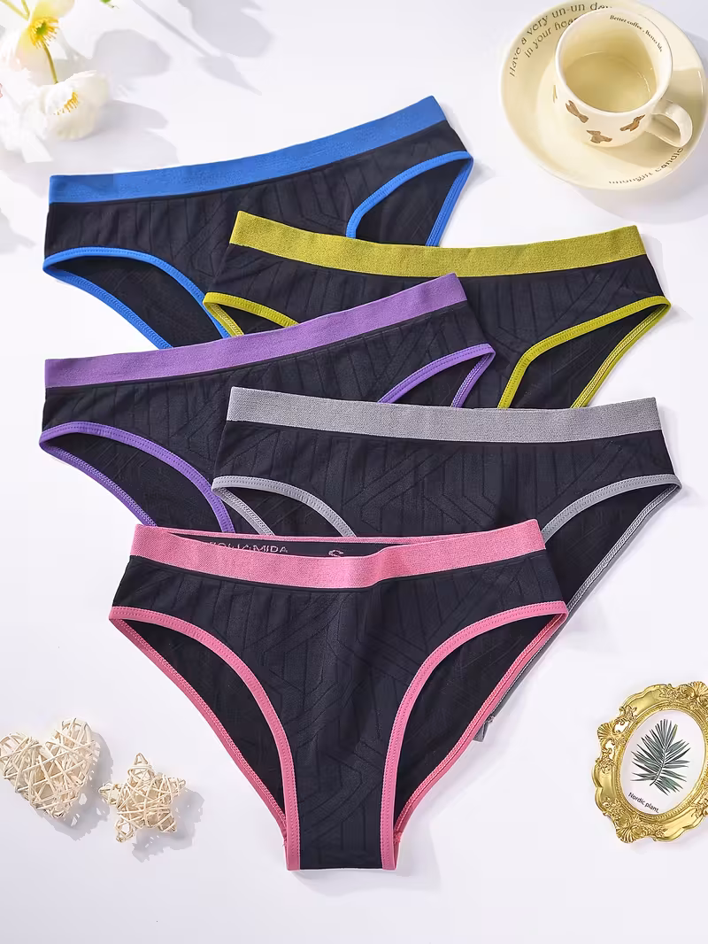 Elegant Lightweight Breathable Sweat-Proof Soft Stretch Fabric Women's Panties, Mid Rise Color Block, Suitable for Yoga Running Fitness, Anti-Slip No Restriction, 10-Pack
