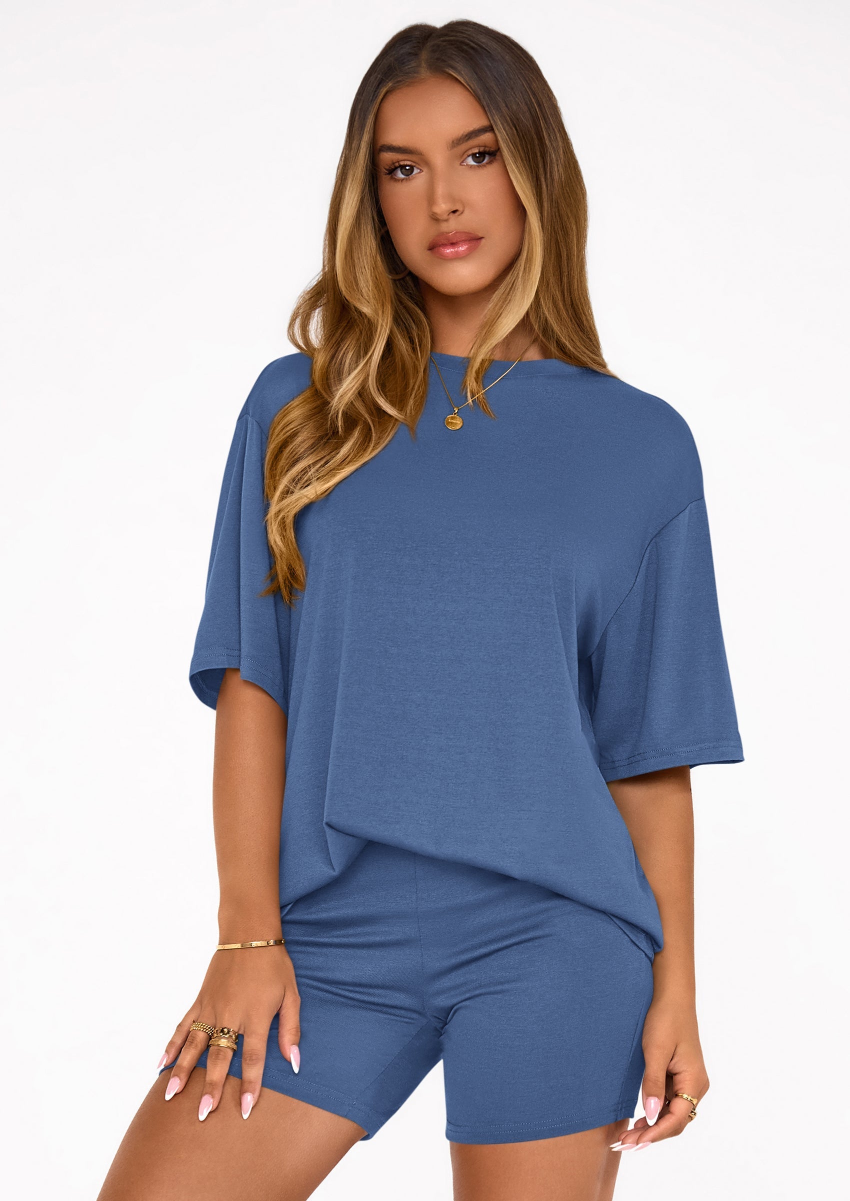 Women's Two Piece Matching Lounge Sets Summer Casual Tops Short Sleeve Shirts Shorts Travel Airport Outfits