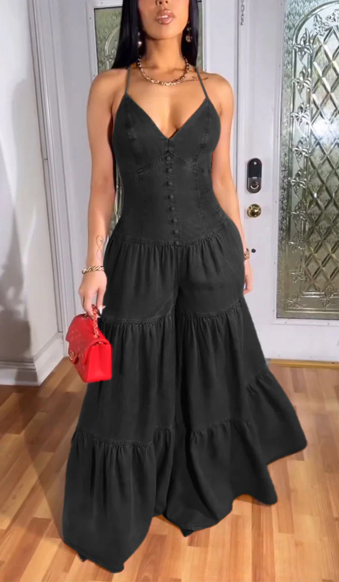 Women's Sexy Halterneck Sleeveless Denim Jumpsuit
