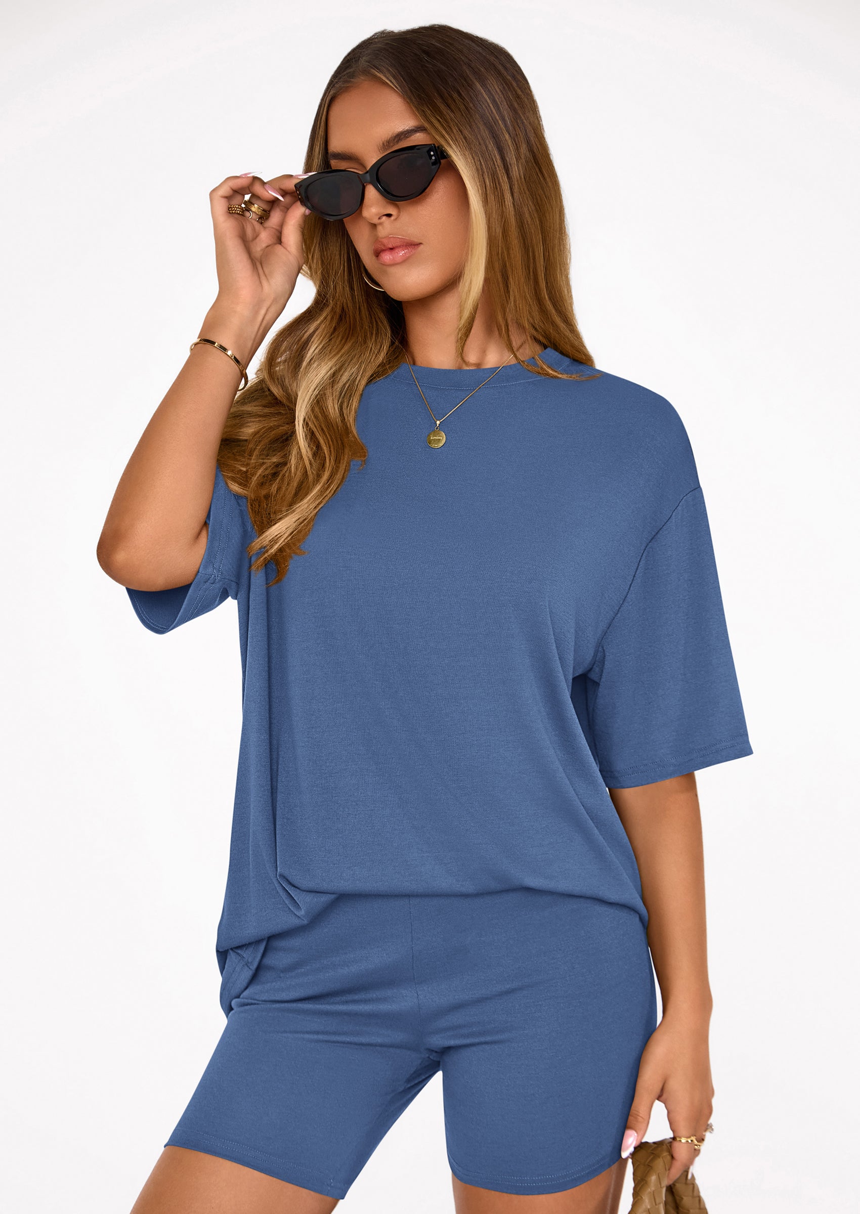 Women's Two Piece Matching Lounge Sets Summer Casual Tops Short Sleeve Shirts Shorts Travel Airport Outfits