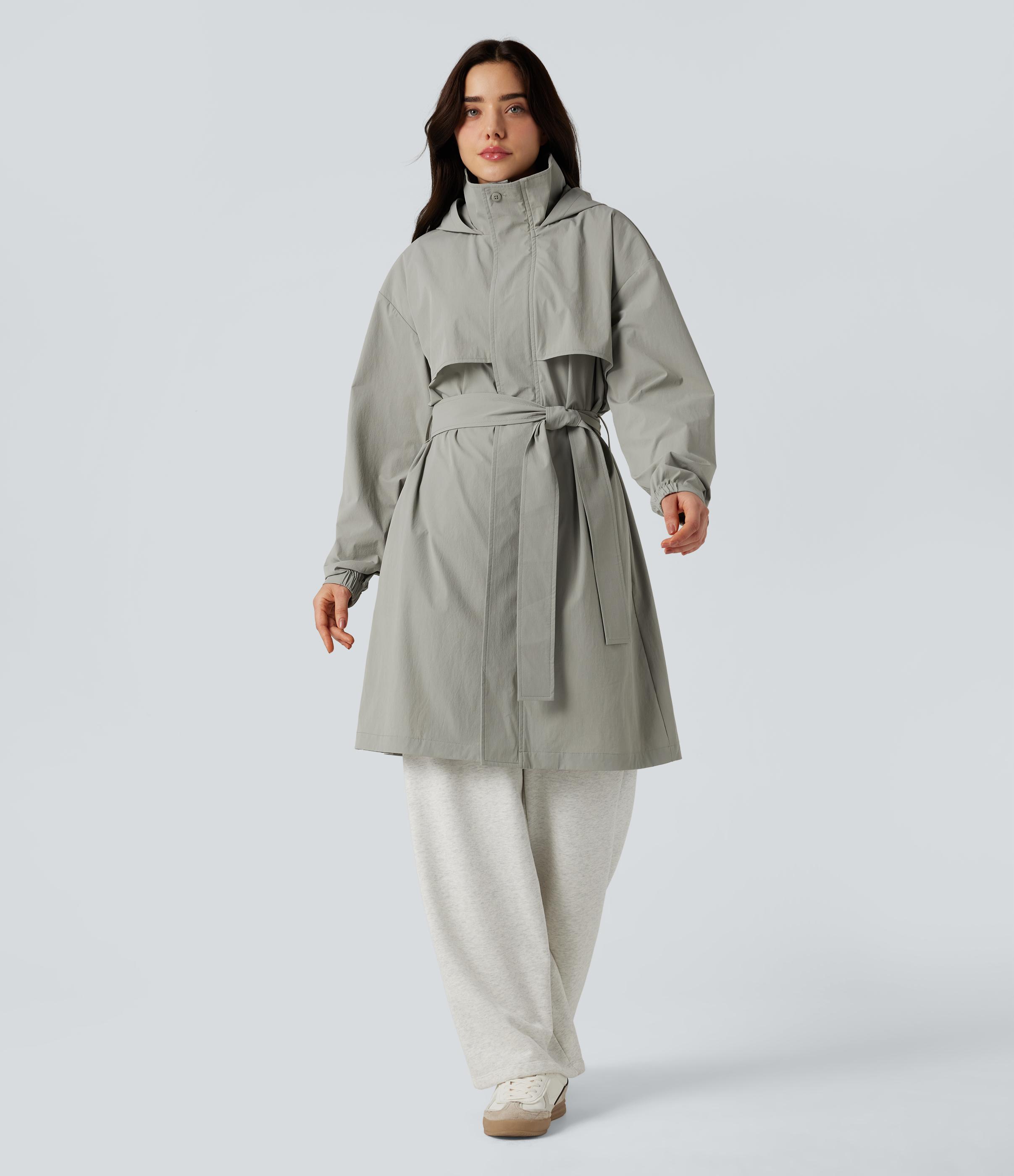 Water Repellent Hooded Belted Casual Trench Jacket with Pockets