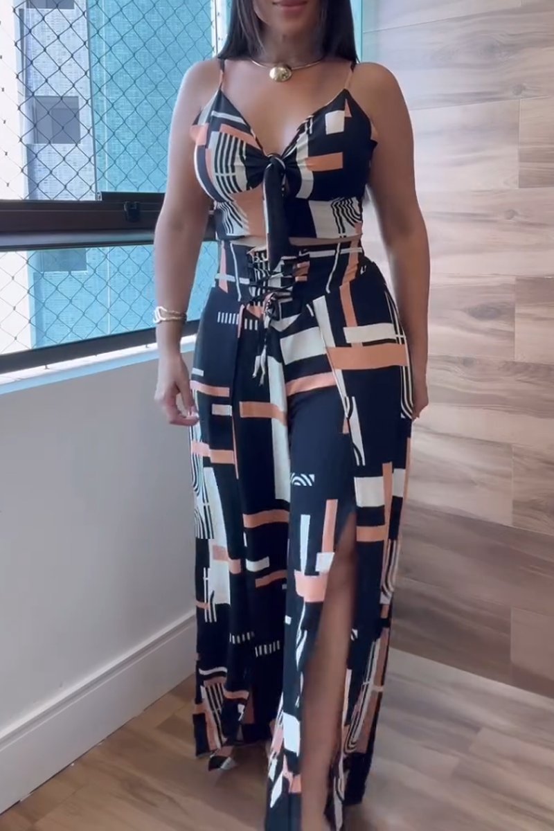 Women's Sexy Backless Twist Top Slit Wide Leg Pants Suit