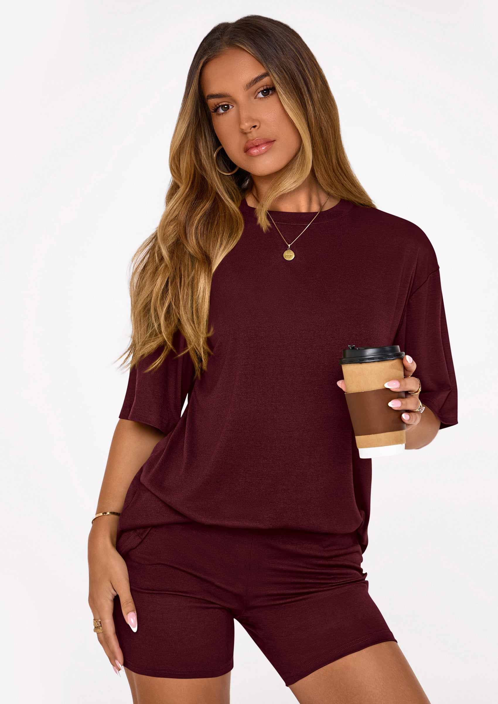 Women's Two Piece Matching Lounge Sets Summer Casual Tops Short Sleeve Shirts Shorts Travel Airport Outfits