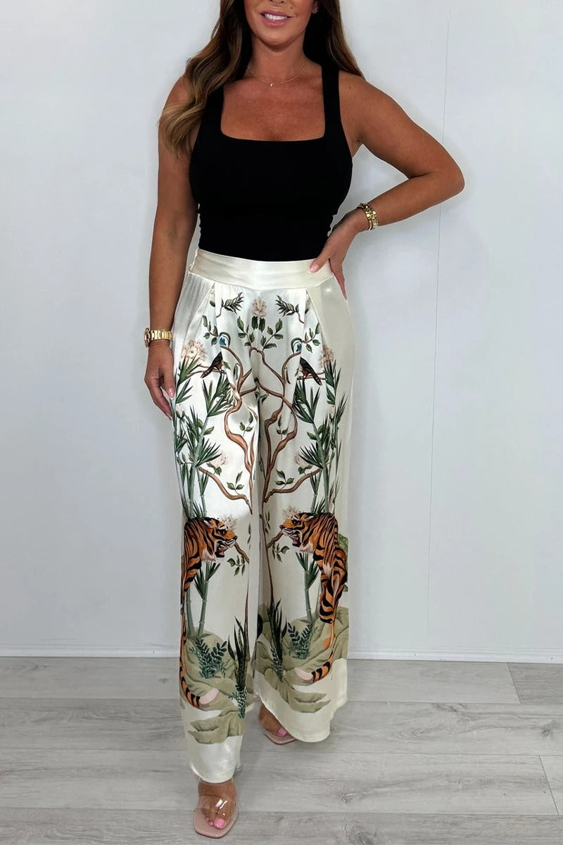 Women's Round Neck Satin Printed Casual Suit