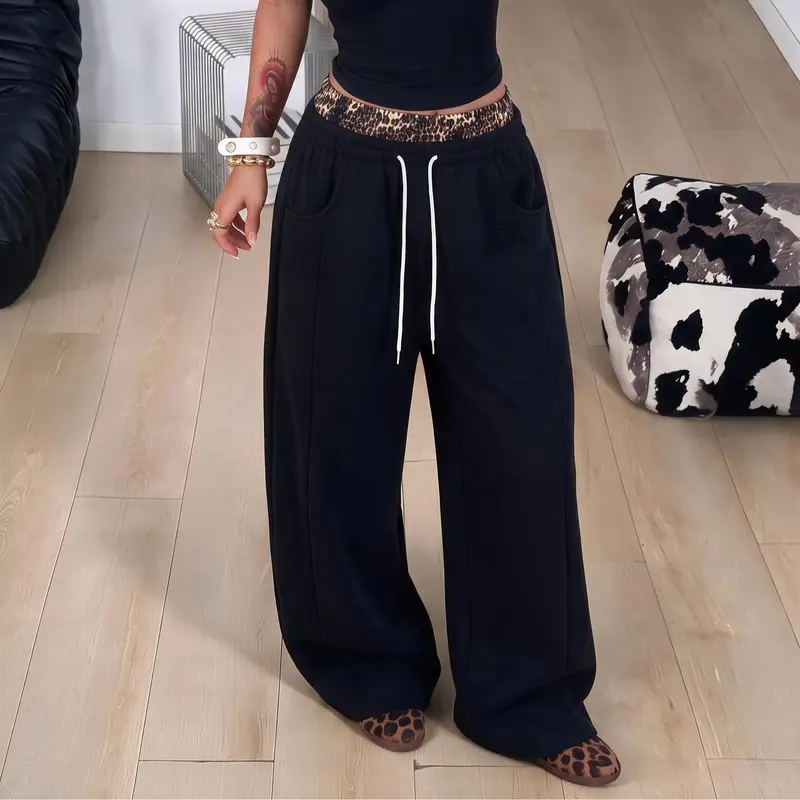 Black cotton-blend wide-leg pants - color view