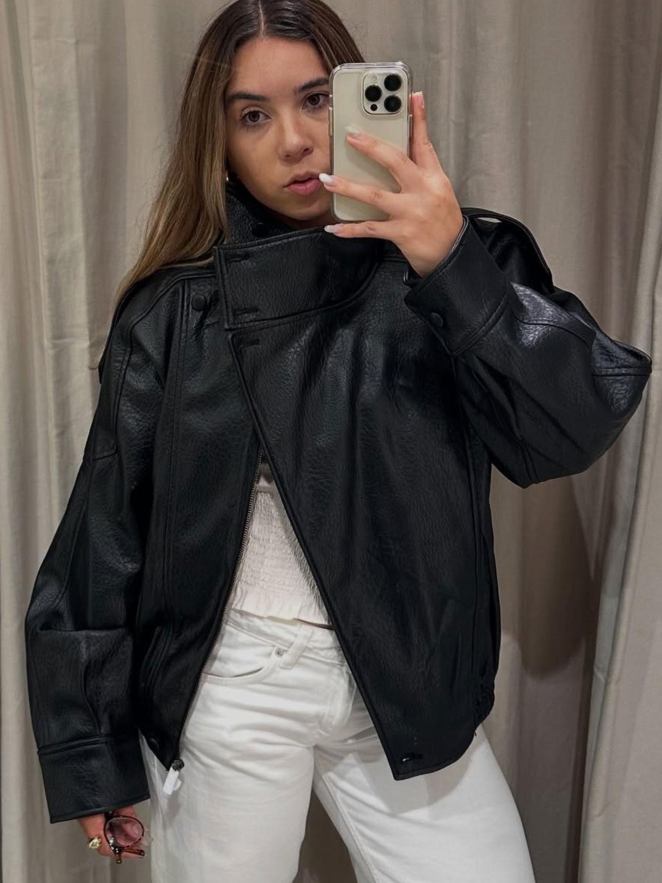 Bomb Jacket Black Faux Leather Jacket Stand Collar Oversized Moto Biker Jacket Elastic Hem Streetwear Casual Long Sleeve Waterproof Windproof Fashion Casual Outerwear for Spring & Fall, Ladies Clothes for Daily Wear