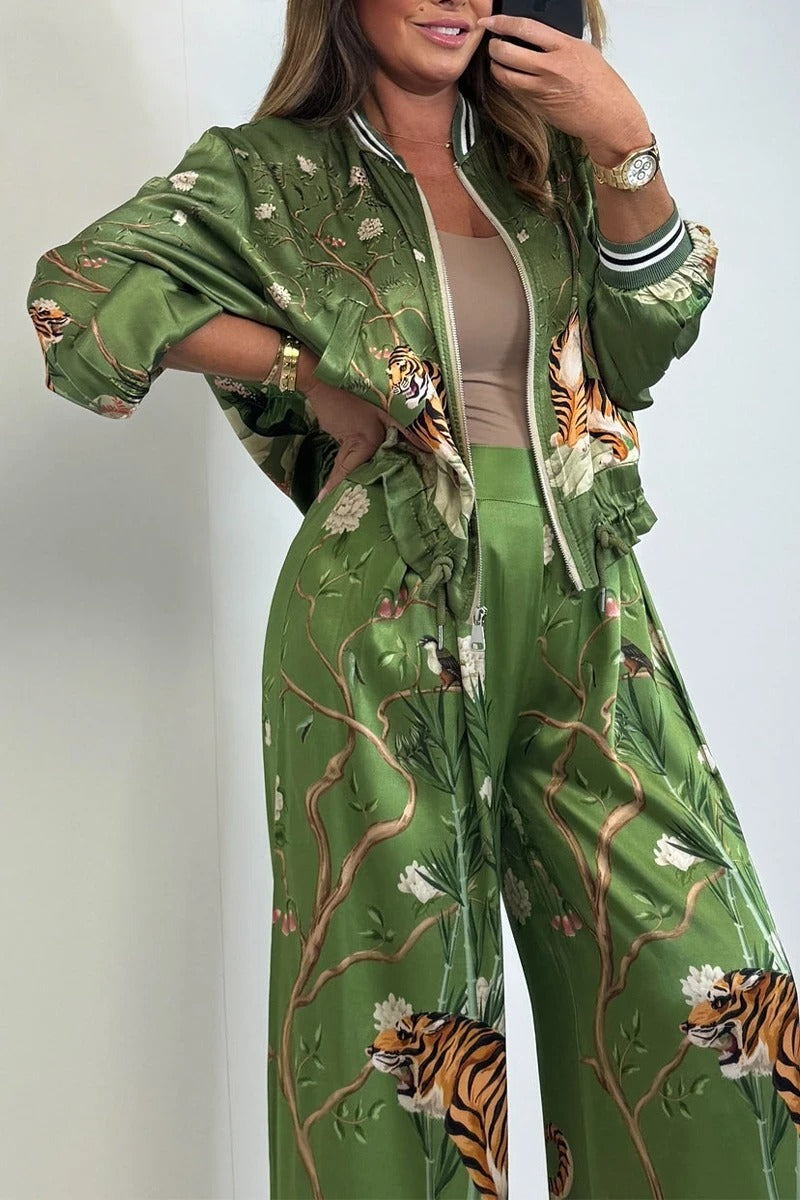 Women's Round Neck Satin Printed Casual Suit