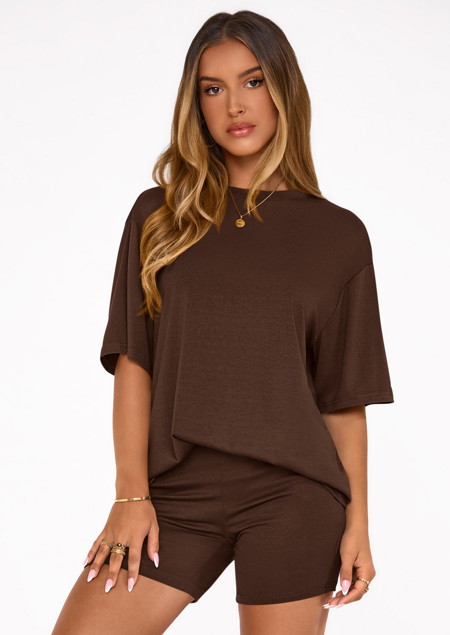 Women's Two Piece Matching Lounge Sets Summer Casual Tops Short Sleeve Shirts Shorts Travel Airport Outfits