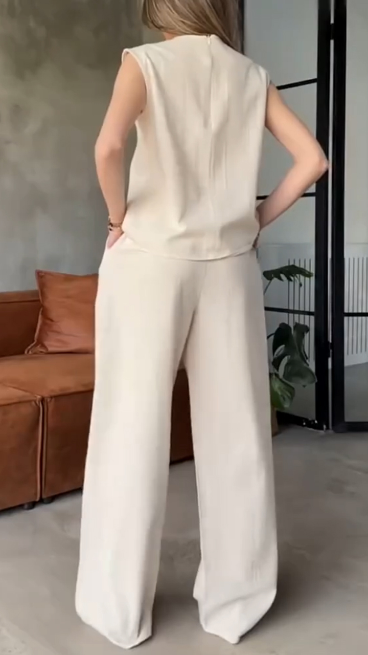 Women's Round Neck Slit Cotton and Linen Casual Suit