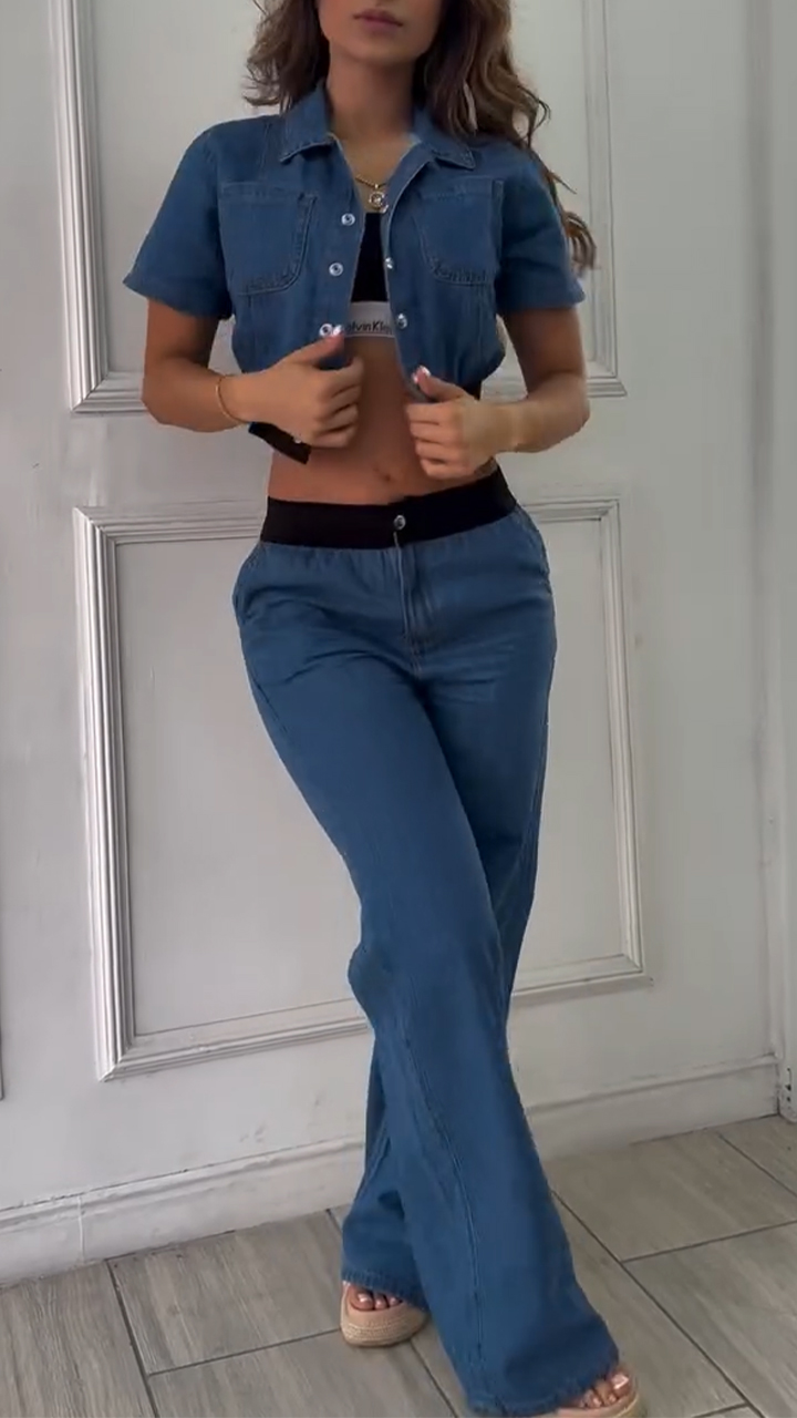 Women's Lapel Patchwork Denim Casual Suit
