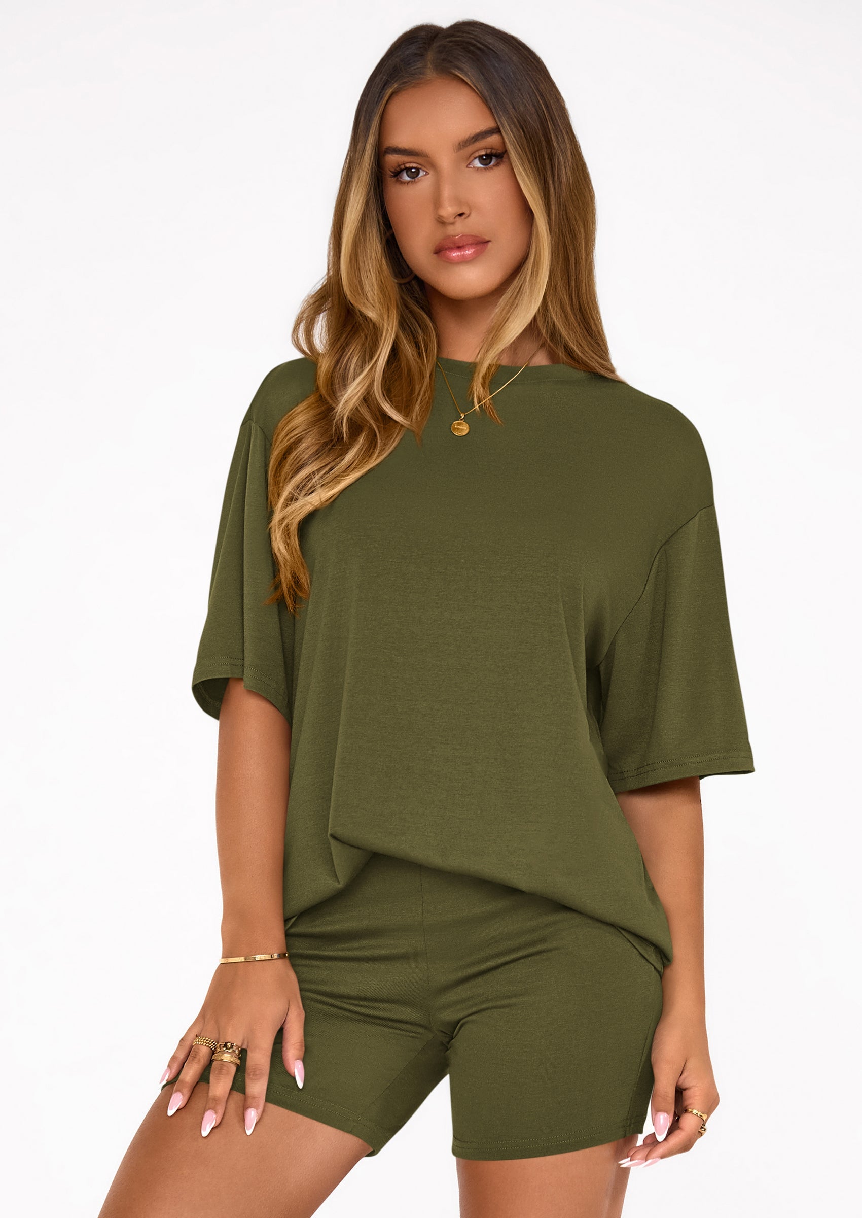 Women's Two Piece Matching Lounge Sets Summer Casual Tops Short Sleeve Shirts Shorts Travel Airport Outfits