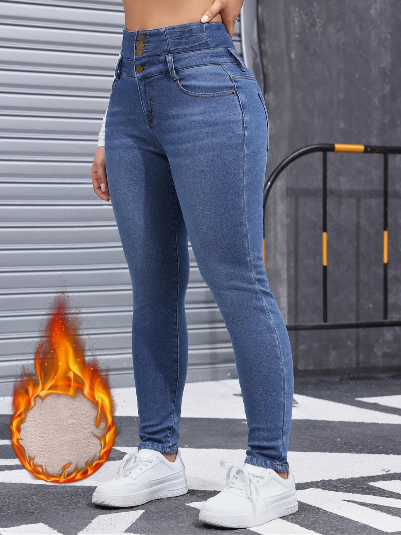 Women's Comfortable Minimalist Chic Fleece-Lined Slim Fitting Jeans, High-Stretch Thick-Woven Slimming Fitted Denim Pants for Winter