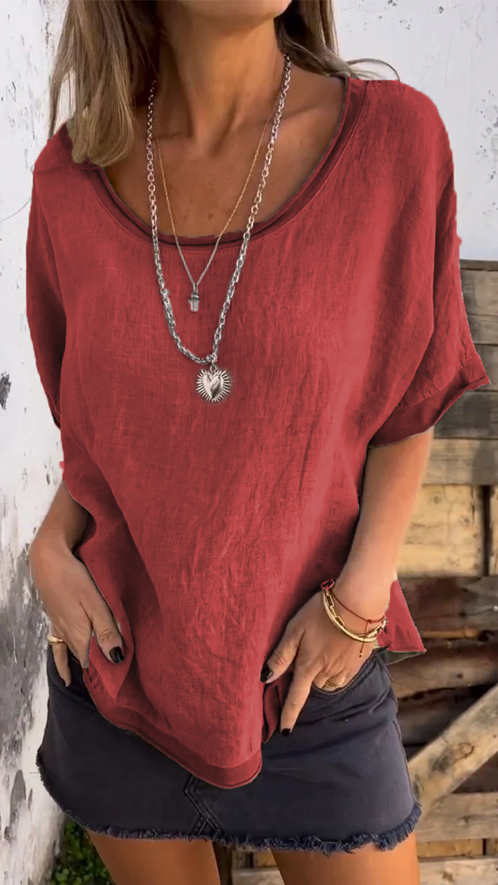 Women Summer Casual Linen Top Round Neck Short Sleeve Top