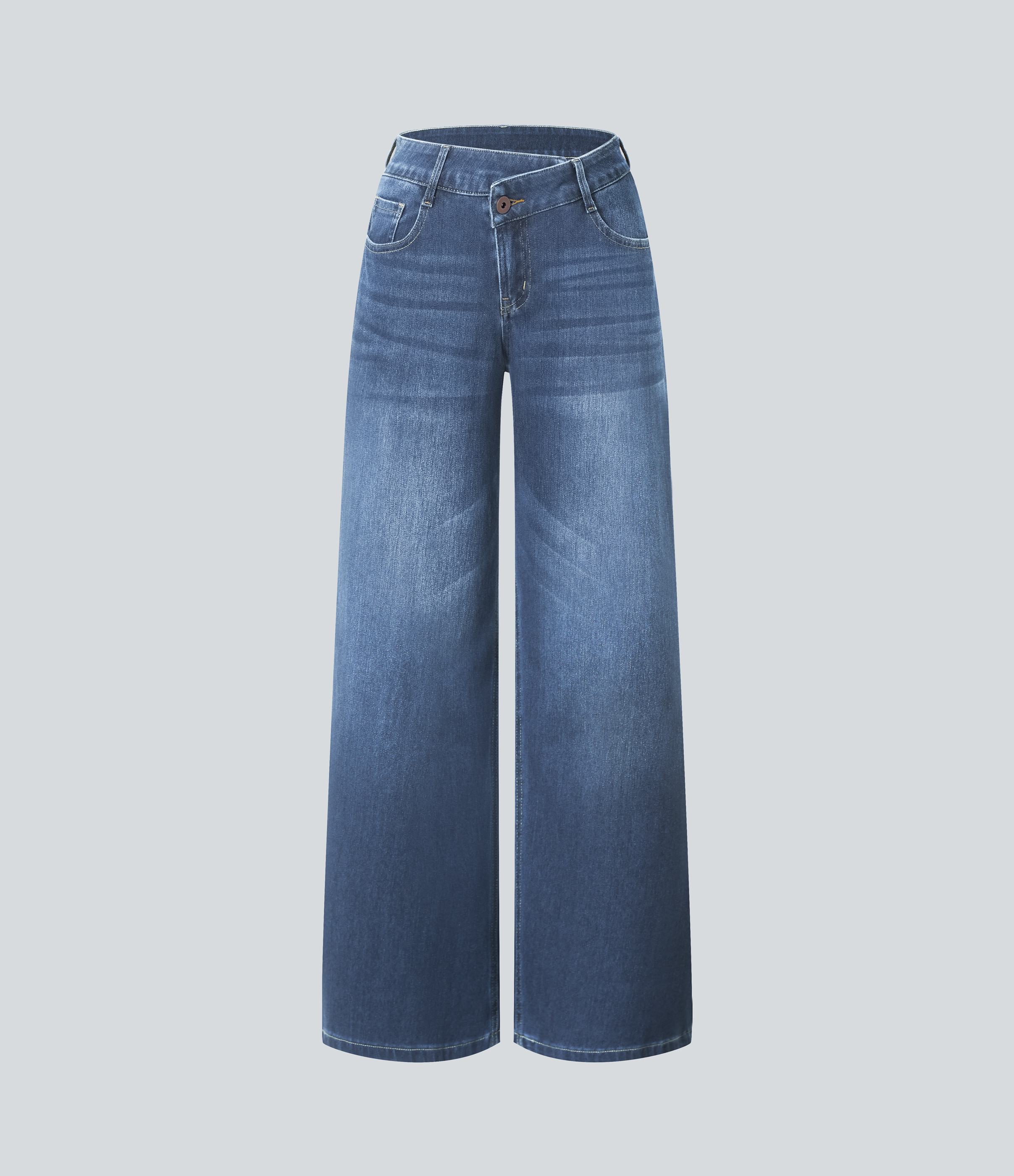 Blue Spruce Denim Asymmetric Low-Rise Wide-Leg Stretch Denim Jeans with Pockets - 7