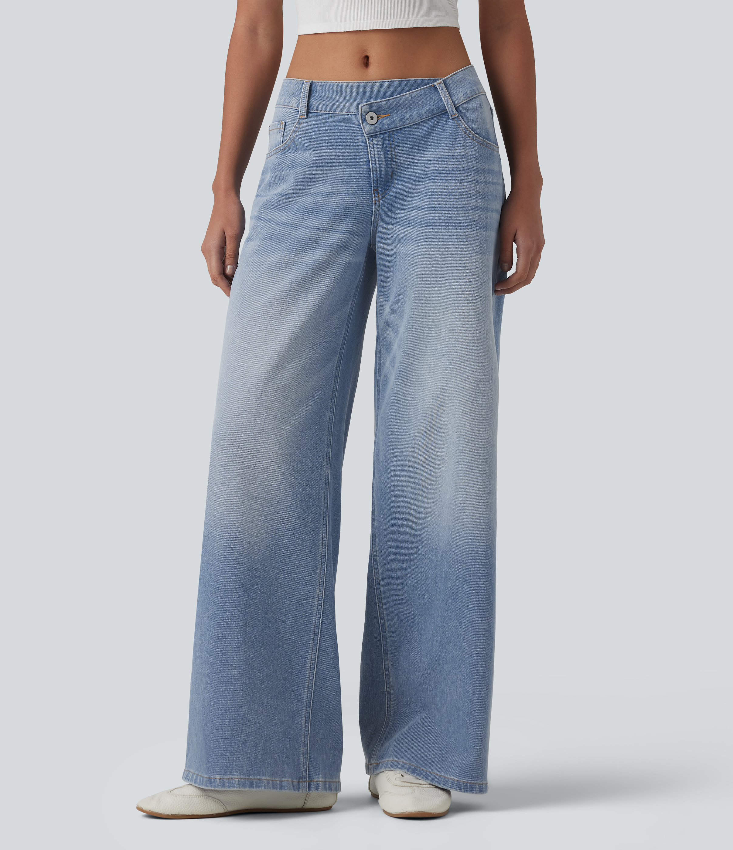 Light Blue – Glacier Light Blue Asymmetric Low-Rise Wide-Leg Stretch Denim Jeans with Pockets - 1