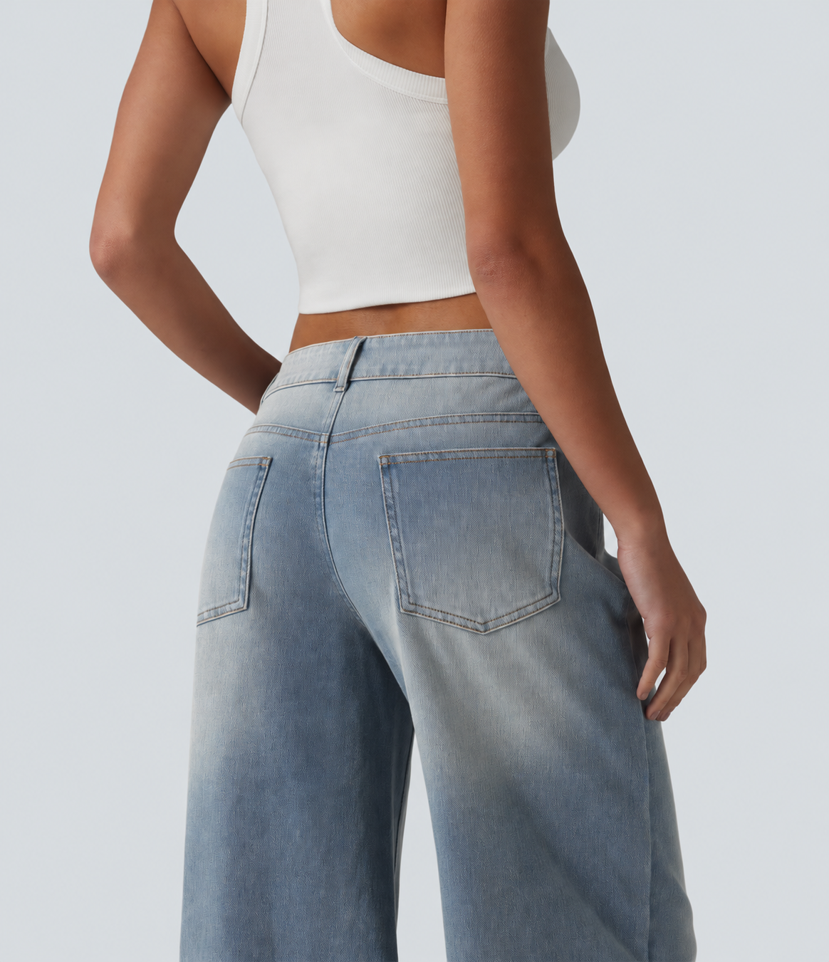 Blue Flower Denim Asymmetric Low-Rise Wide-Leg Stretch Denim Jeans with Pockets - 4