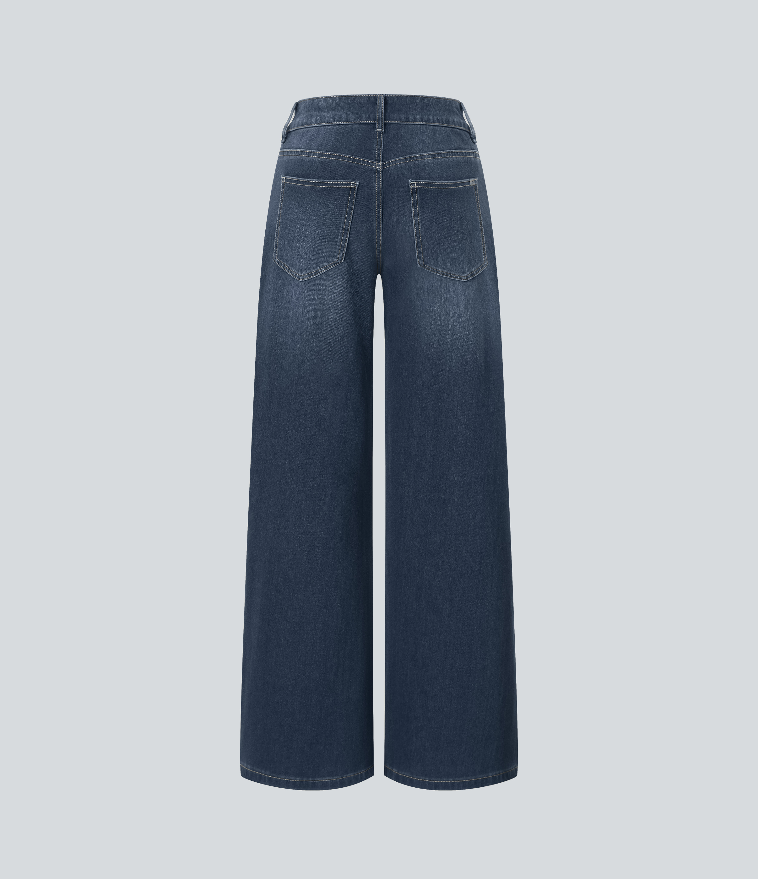 Estate Blue Denim Asymmetric Low-Rise Wide-Leg Stretch Denim Jeans with Pockets - 8