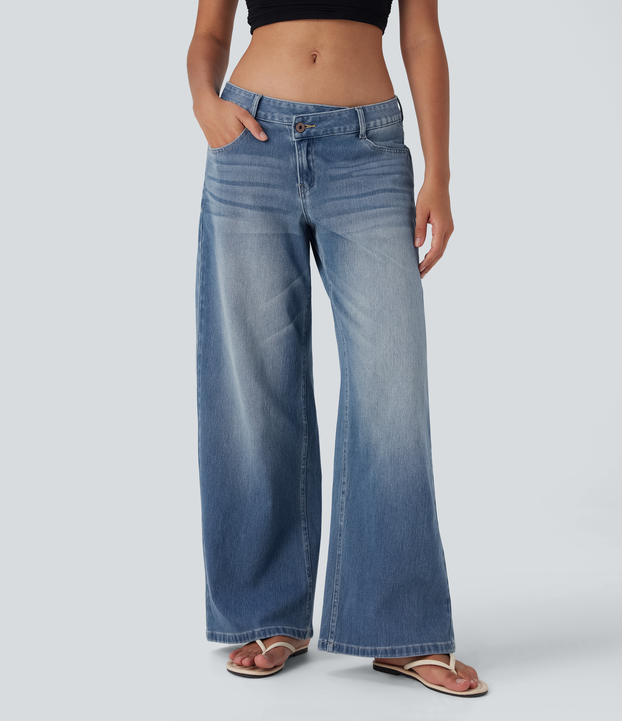 Blue Surf Denim Asymmetric Low-Rise Wide-Leg Stretch Denim Jeans with Pockets - 1