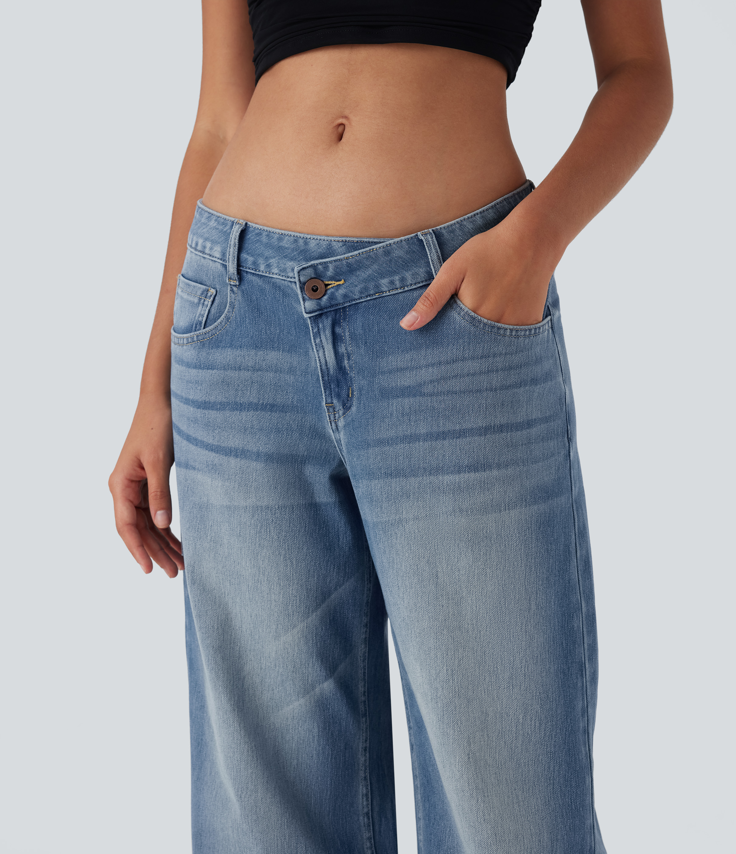 Blue Surf Denim Asymmetric Low-Rise Wide-Leg Stretch Denim Jeans with Pockets - 4