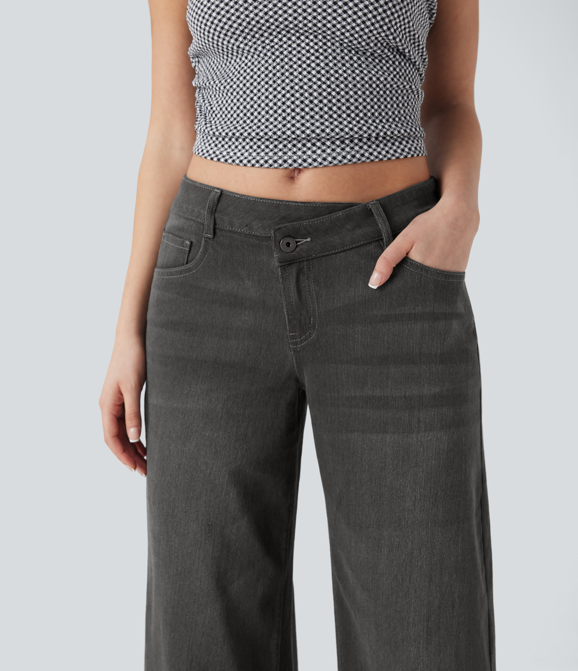 Cool Gray Denim Asymmetric Low-Rise Wide-Leg Stretch Denim Jeans with Pockets - 5