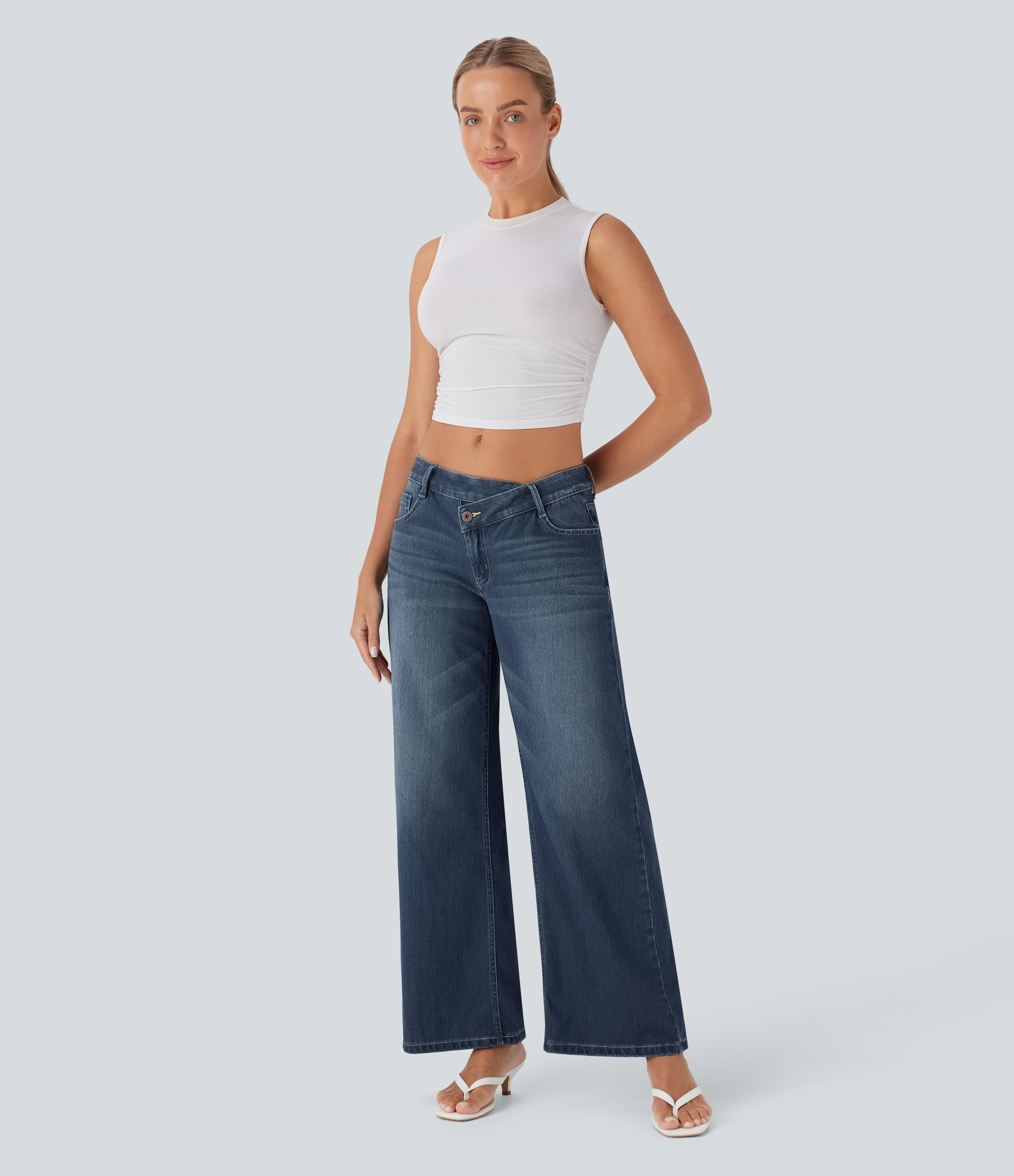 Estate Blue Denim Asymmetric Low-Rise Wide-Leg Stretch Denim Jeans with Pockets - 6