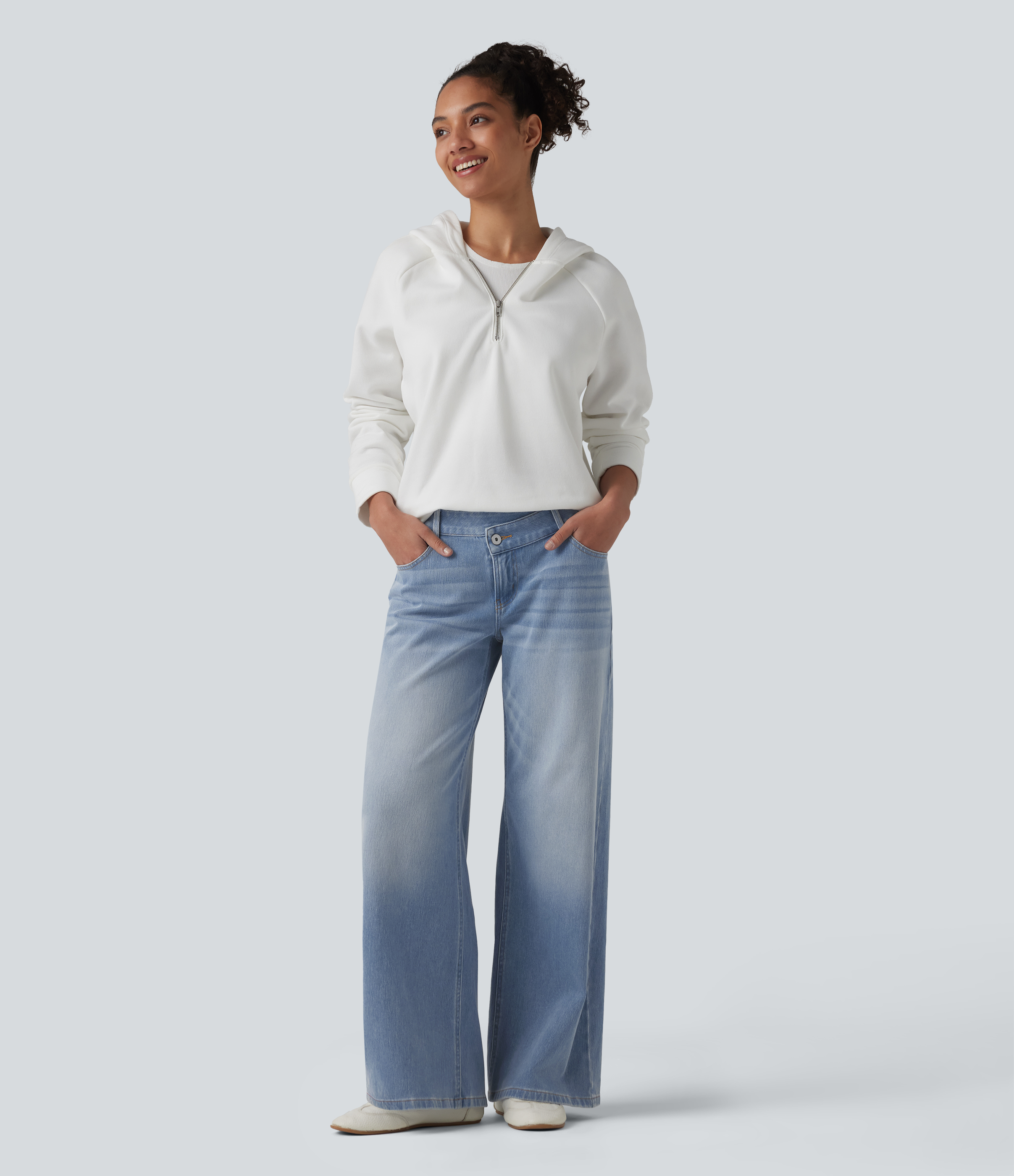 Light Blue – Glacier Light Blue Asymmetric Low-Rise Wide-Leg Stretch Denim Jeans with Pockets - 6