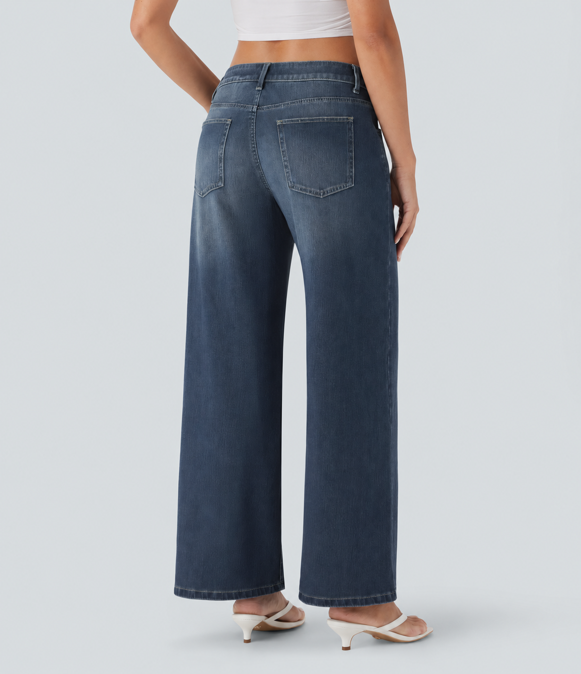 Estate Blue Denim Asymmetric Low-Rise Wide-Leg Stretch Denim Jeans with Pockets - 2