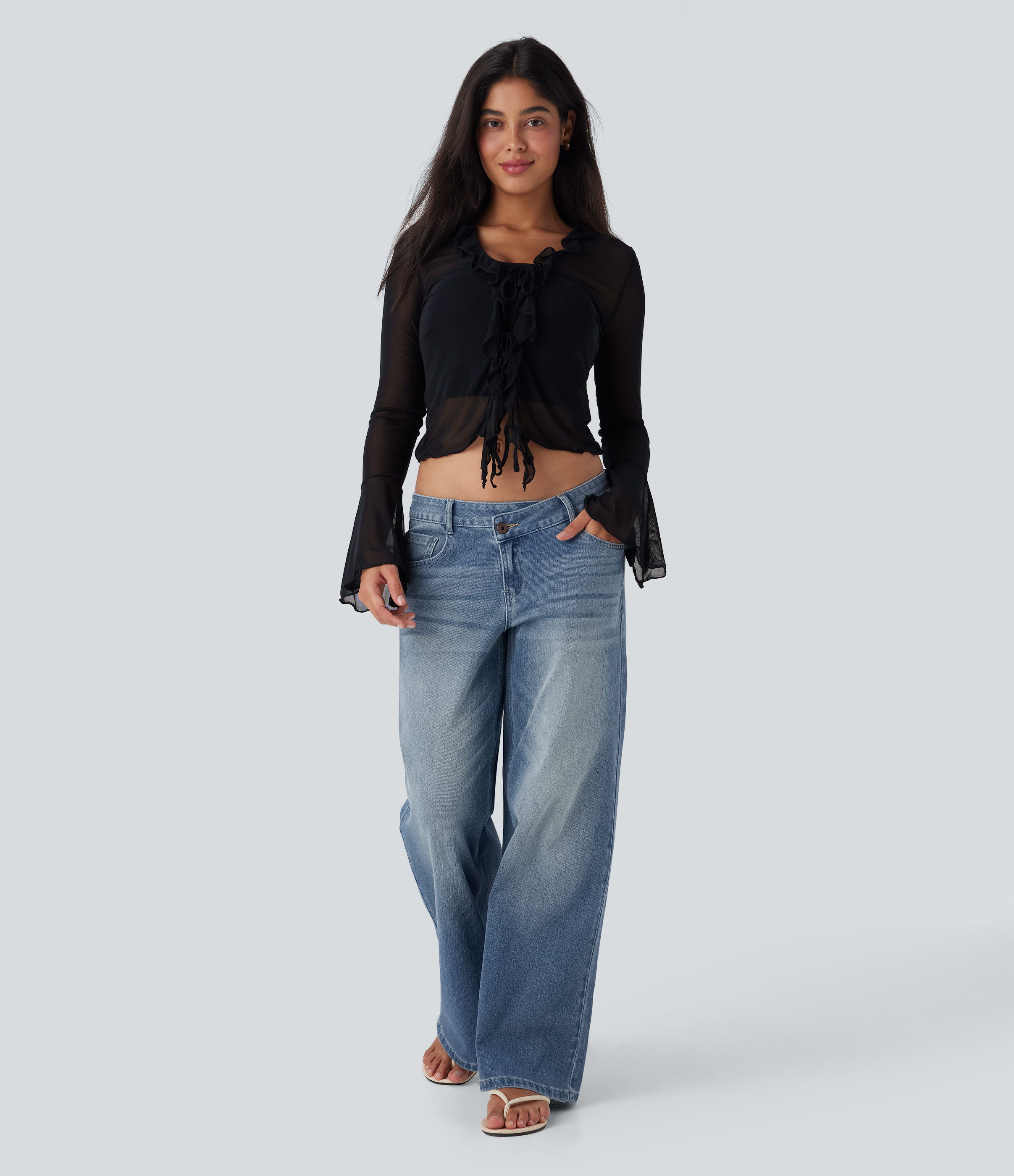 Blue Surf Denim Asymmetric Low-Rise Wide-Leg Stretch Denim Jeans with Pockets - 6