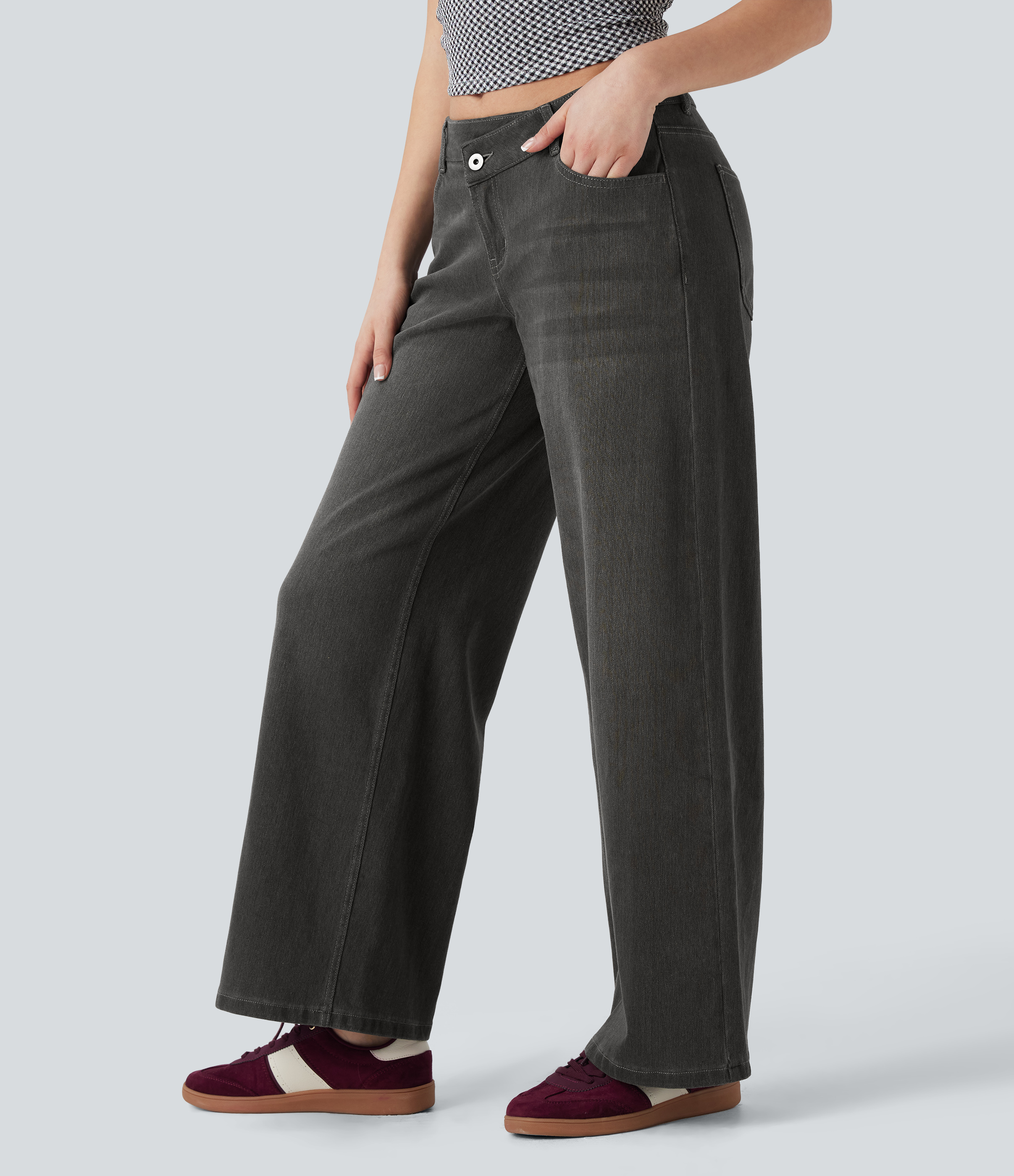 Cool Gray Denim Asymmetric Low-Rise Wide-Leg Stretch Denim Jeans with Pockets - 3