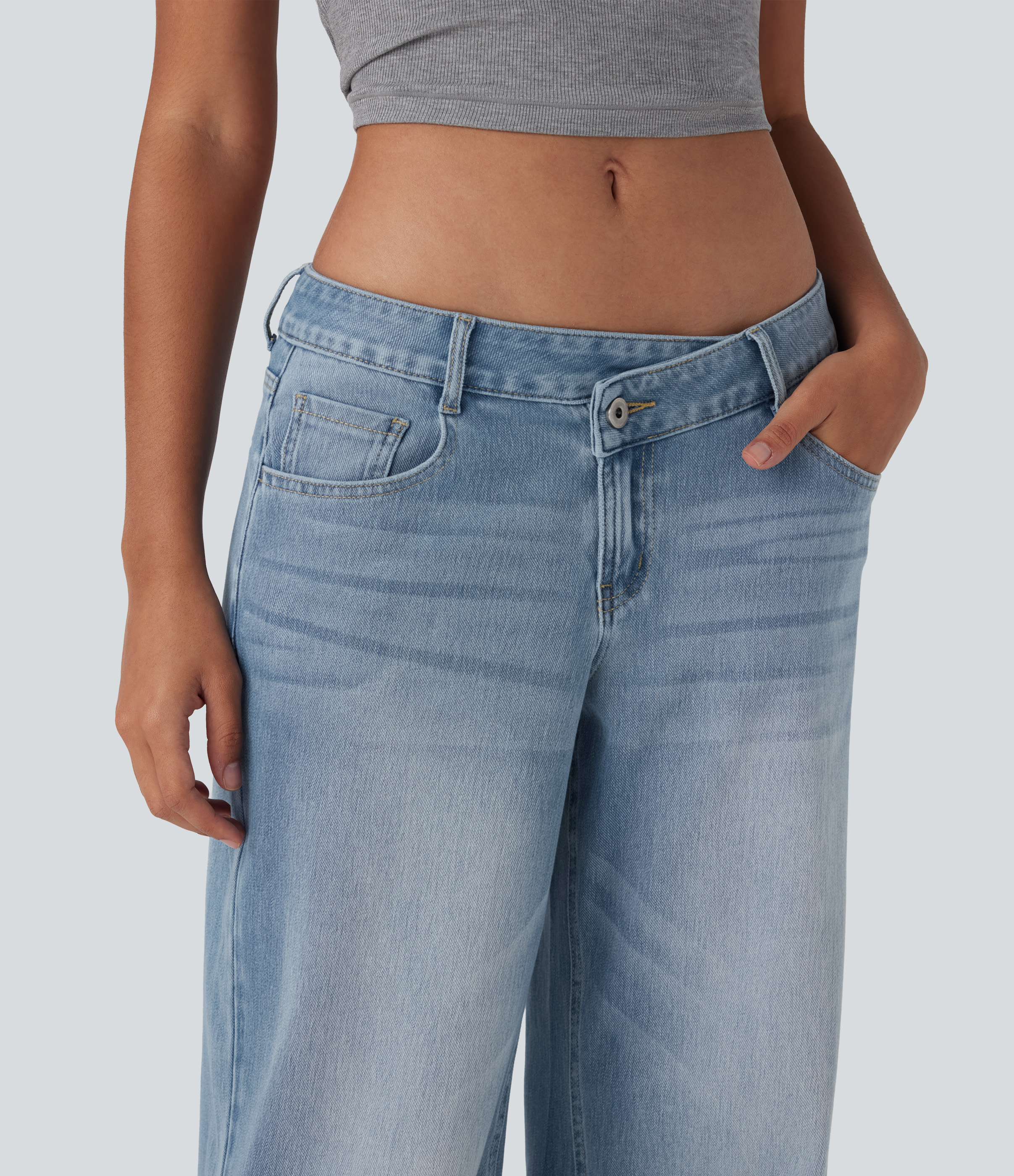 Malibu Blue Denim Asymmetric Low-Rise Wide-Leg Stretch Denim Jeans with Pockets - 5