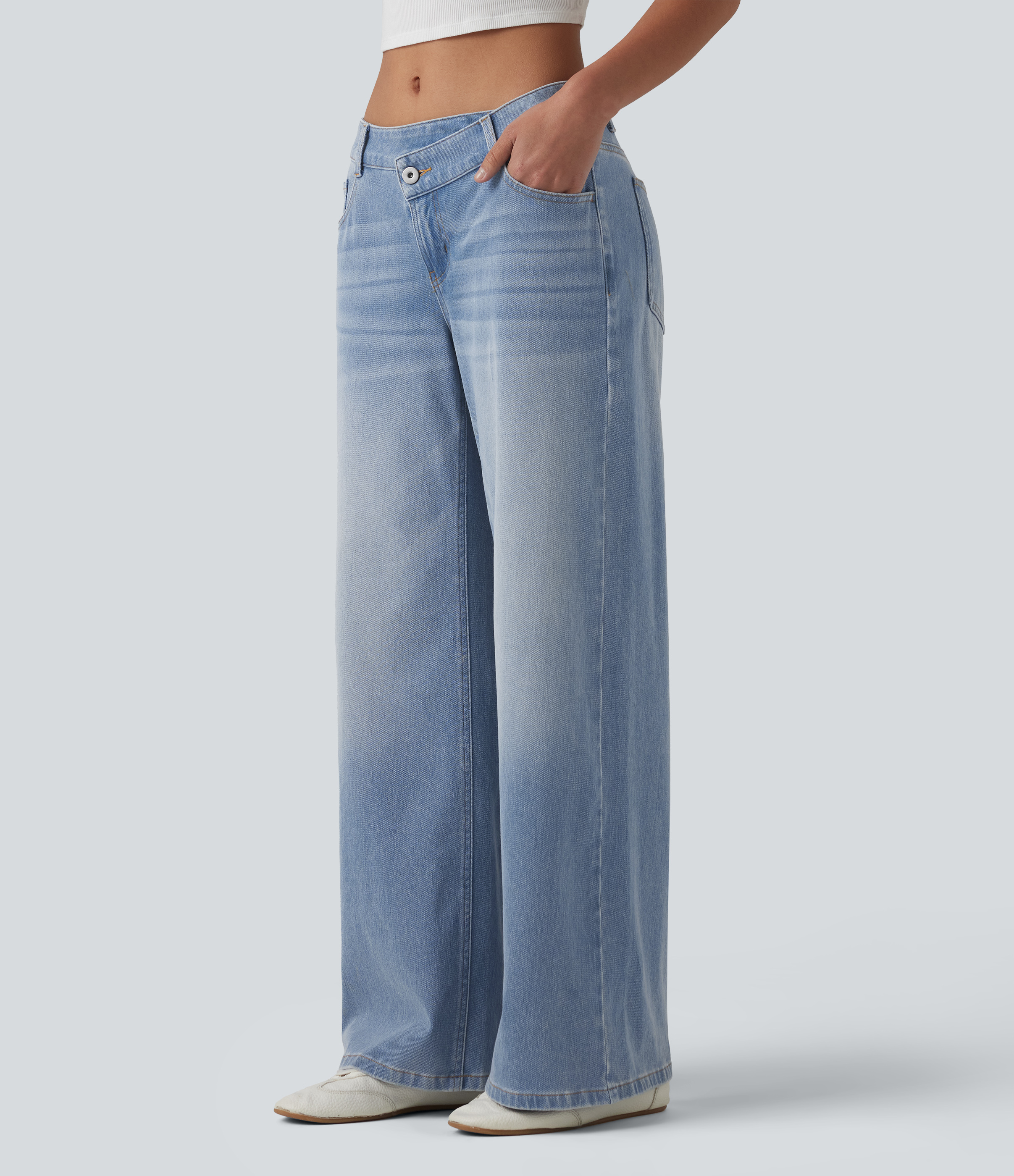 Light Blue – Glacier Light Blue Asymmetric Low-Rise Wide-Leg Stretch Denim Jeans with Pockets - 3