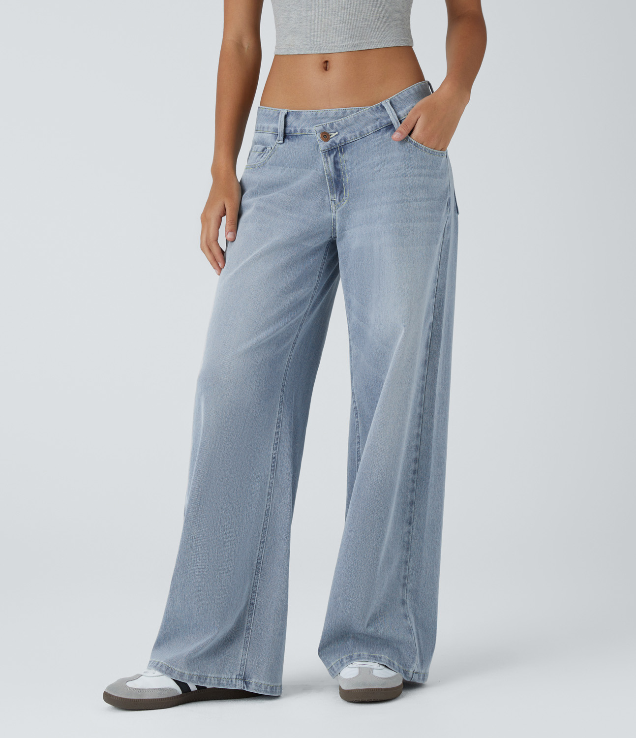 Light Azure Denim Asymmetric Low-Rise Wide-Leg Stretch Denim Jeans with Pockets - 1