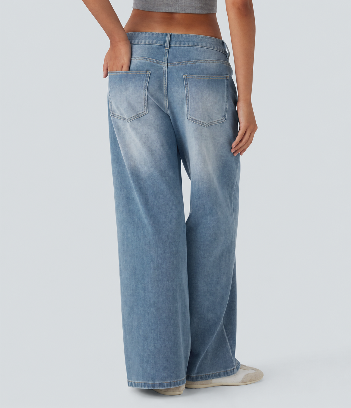 Malibu Blue Denim Asymmetric Low-Rise Wide-Leg Stretch Denim Jeans with Pockets - 2
