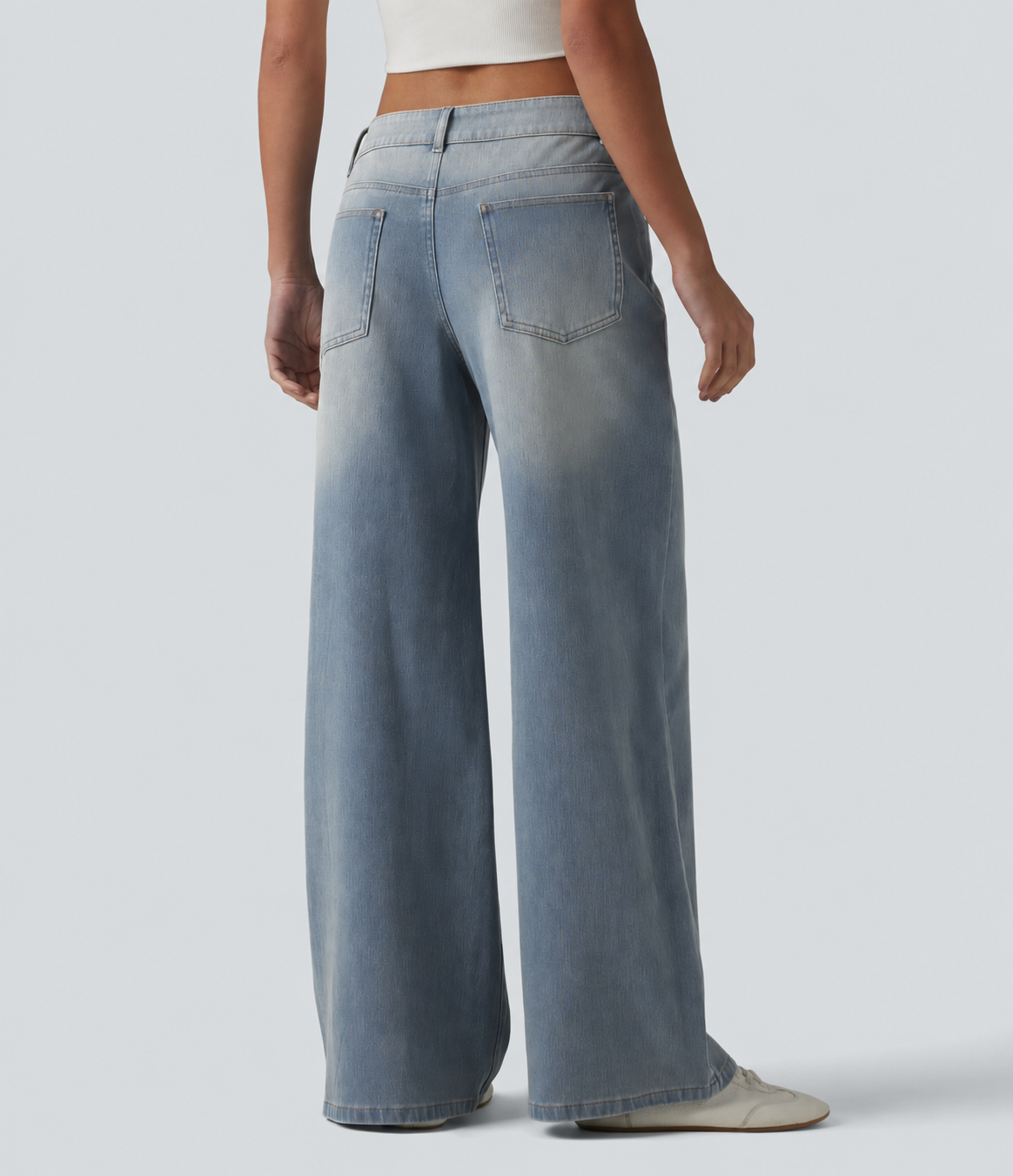 Blue Flower Denim Asymmetric Low-Rise Wide-Leg Stretch Denim Jeans with Pockets - 2