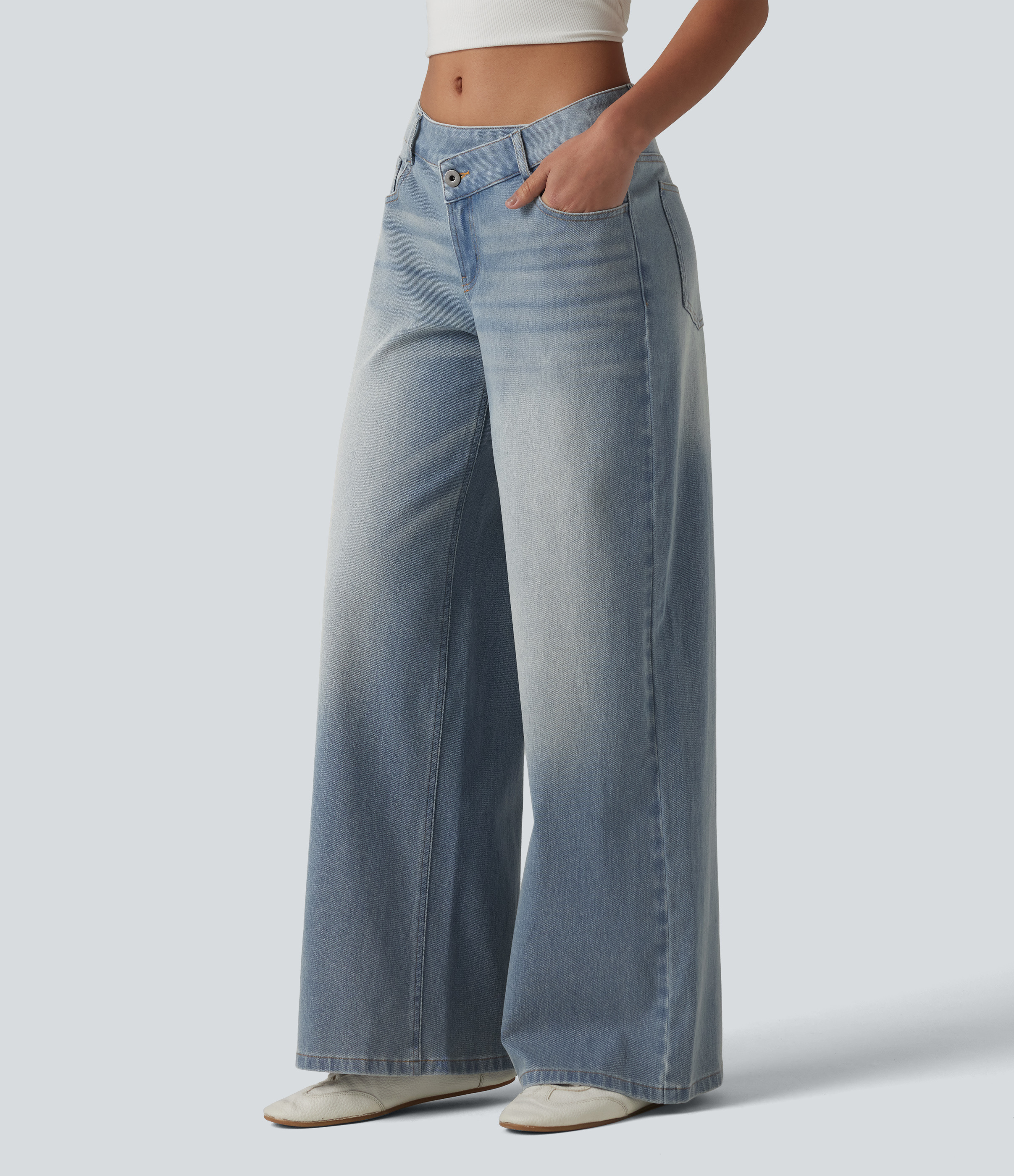 Blue Flower Denim Asymmetric Low-Rise Wide-Leg Stretch Denim Jeans with Pockets - 3