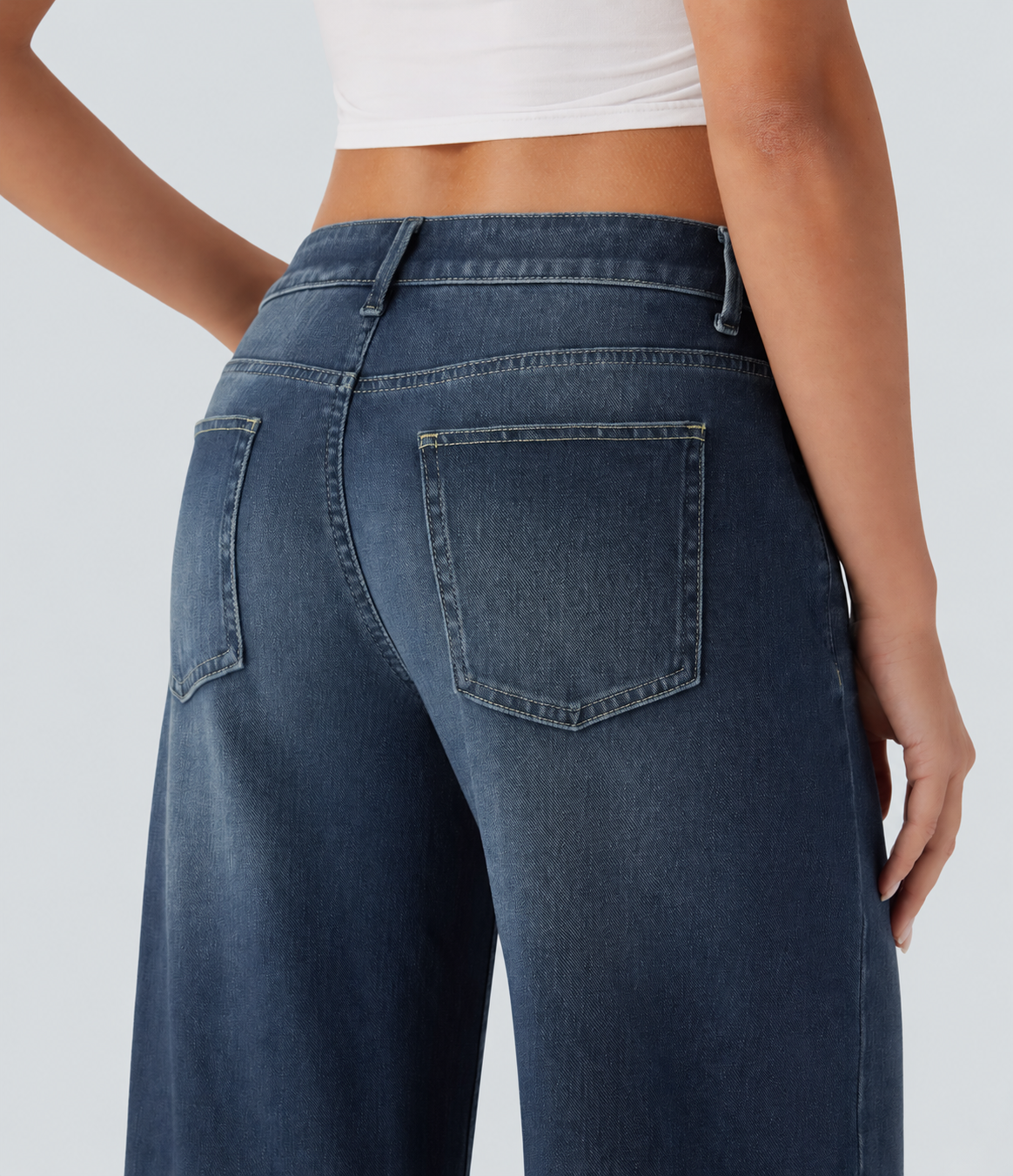 Estate Blue Denim Asymmetric Low-Rise Wide-Leg Stretch Denim Jeans with Pockets - 4