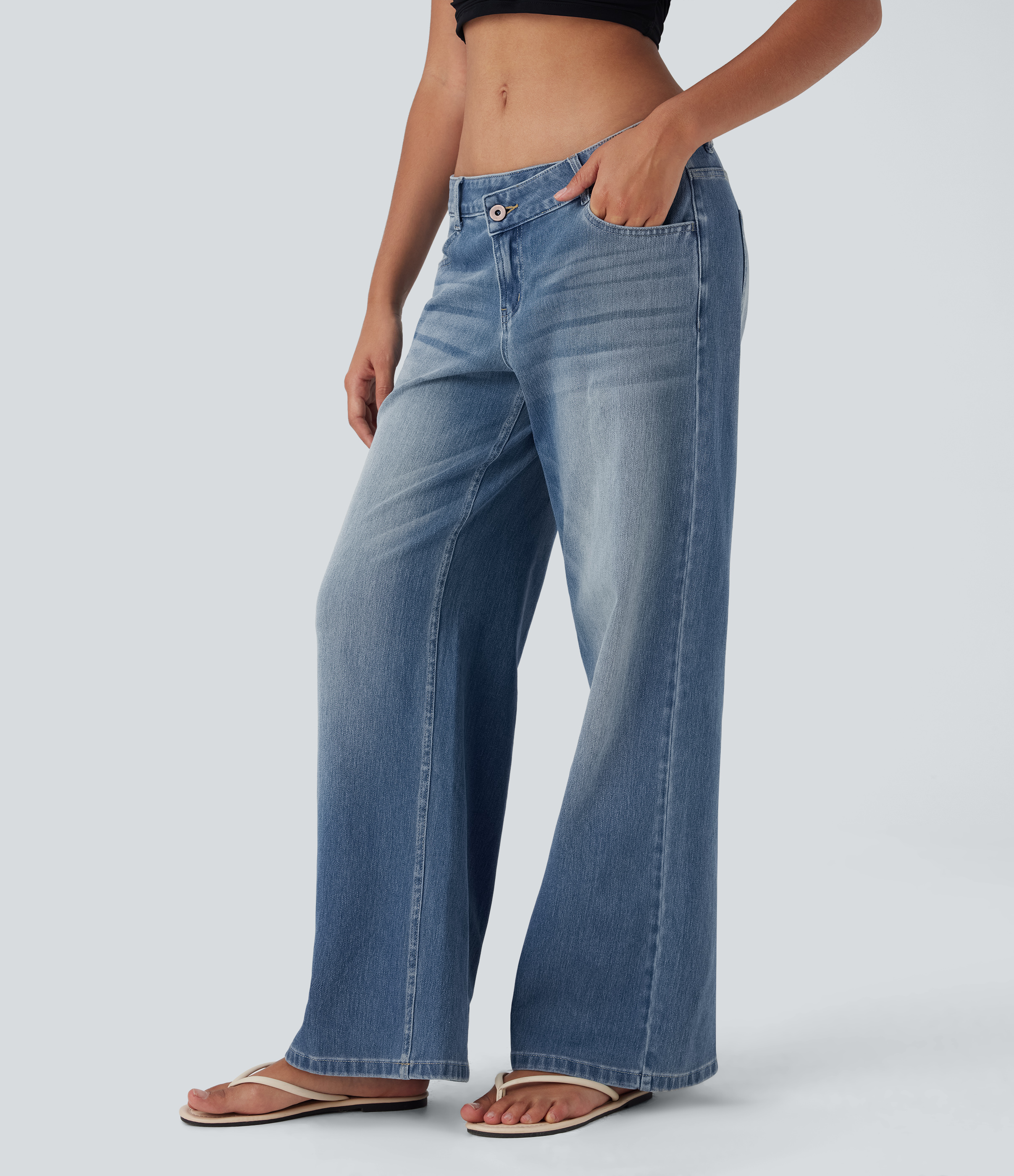 Blue Surf Denim Asymmetric Low-Rise Wide-Leg Stretch Denim Jeans with Pockets - 3