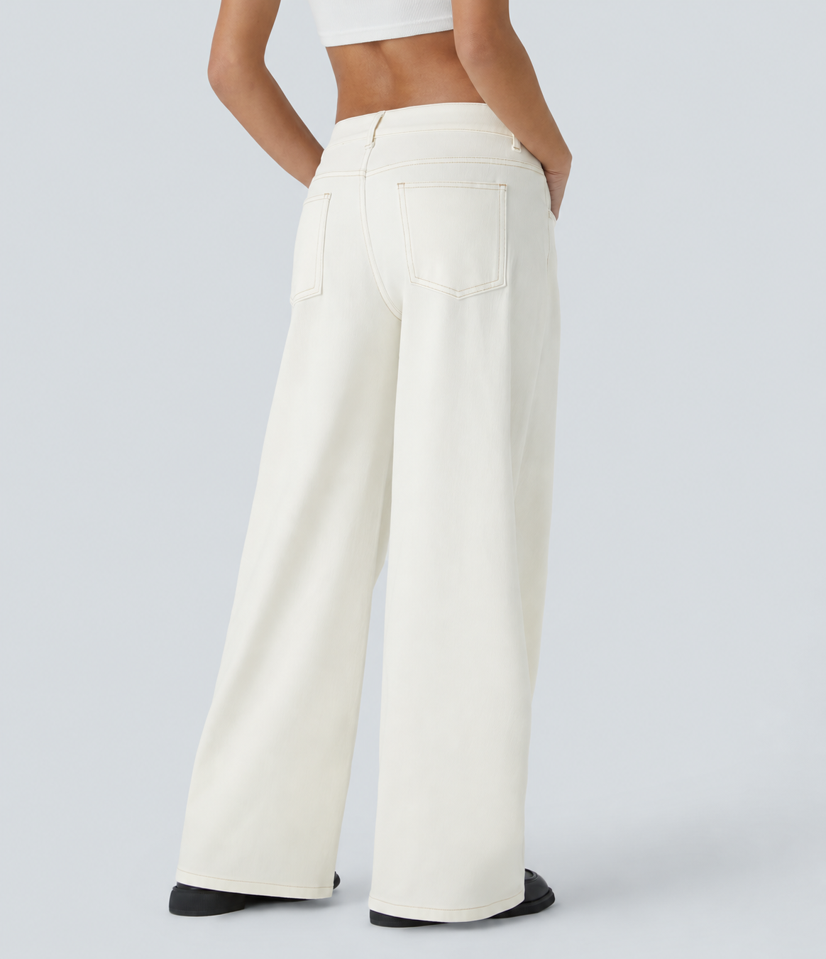Beige Denim Asymmetric Low-Rise Wide-Leg Stretch Denim Jeans with Pockets - 2