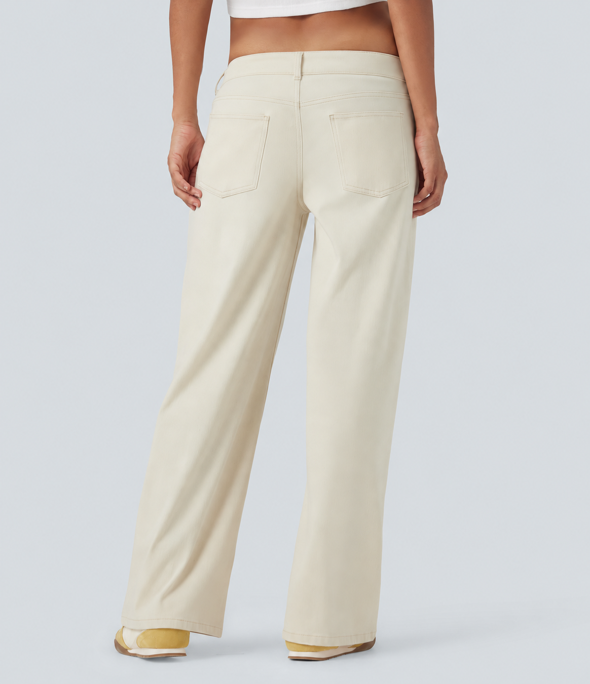 Light Khaki Denim Asymmetric Low-Rise Wide-Leg Stretch Denim Jeans with Pockets - 2