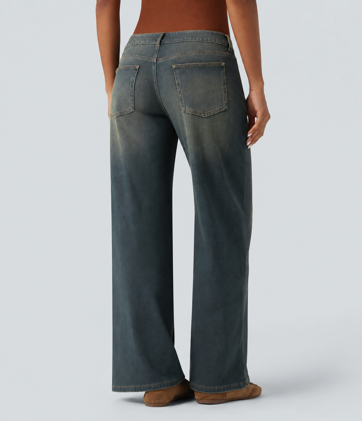 Mottled Dark Blue Denim Asymmetric Low-Rise Wide-Leg Stretch Denim Jeans with Pockets - 2